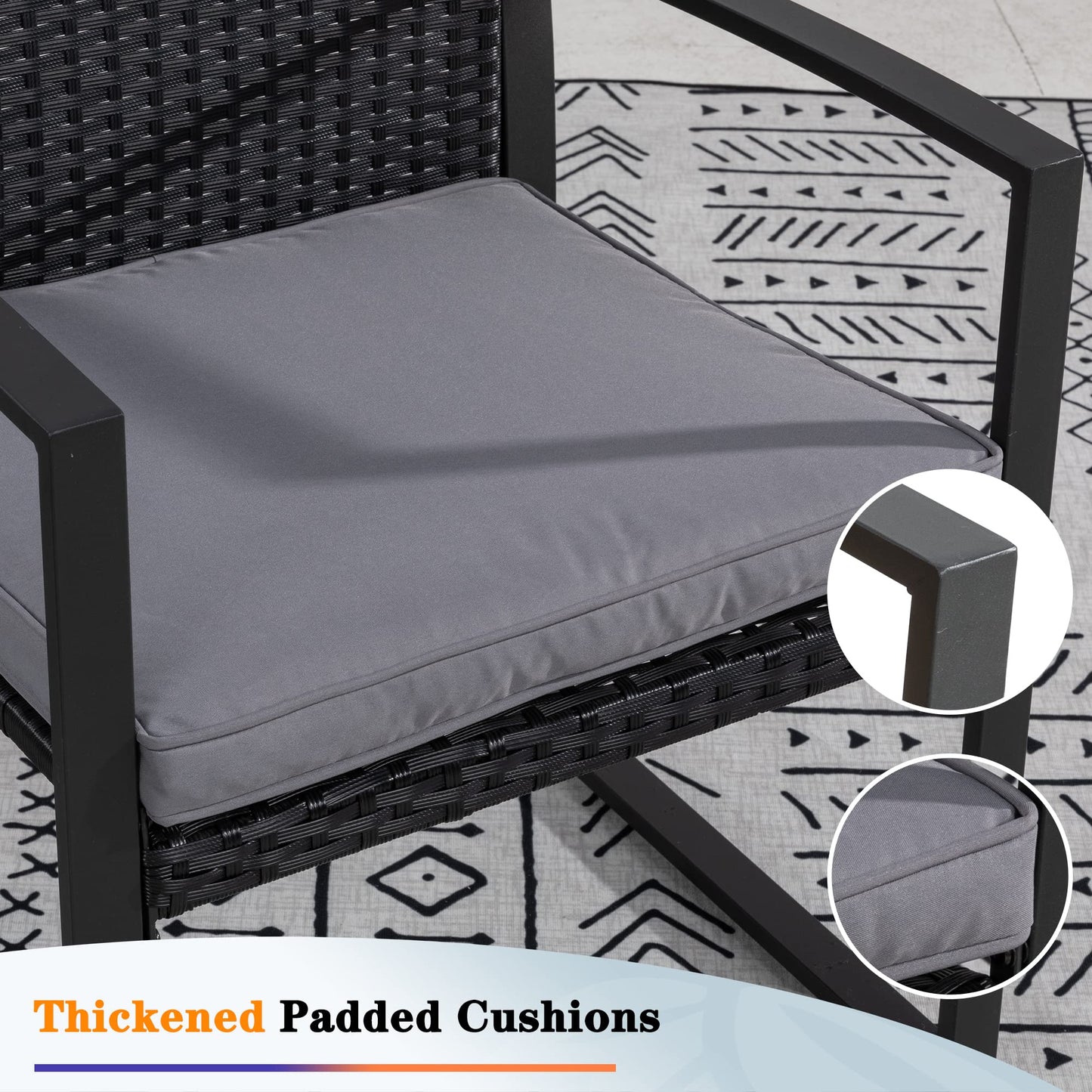 Shintenchi 3 Pieces Outdoor Patio Furniture Set, Modern Wicker Bistro Set, Conversation Rattan Chair of 2 with Coffee Table for Yard Porch Poolside Lawn(Grey Cushion)