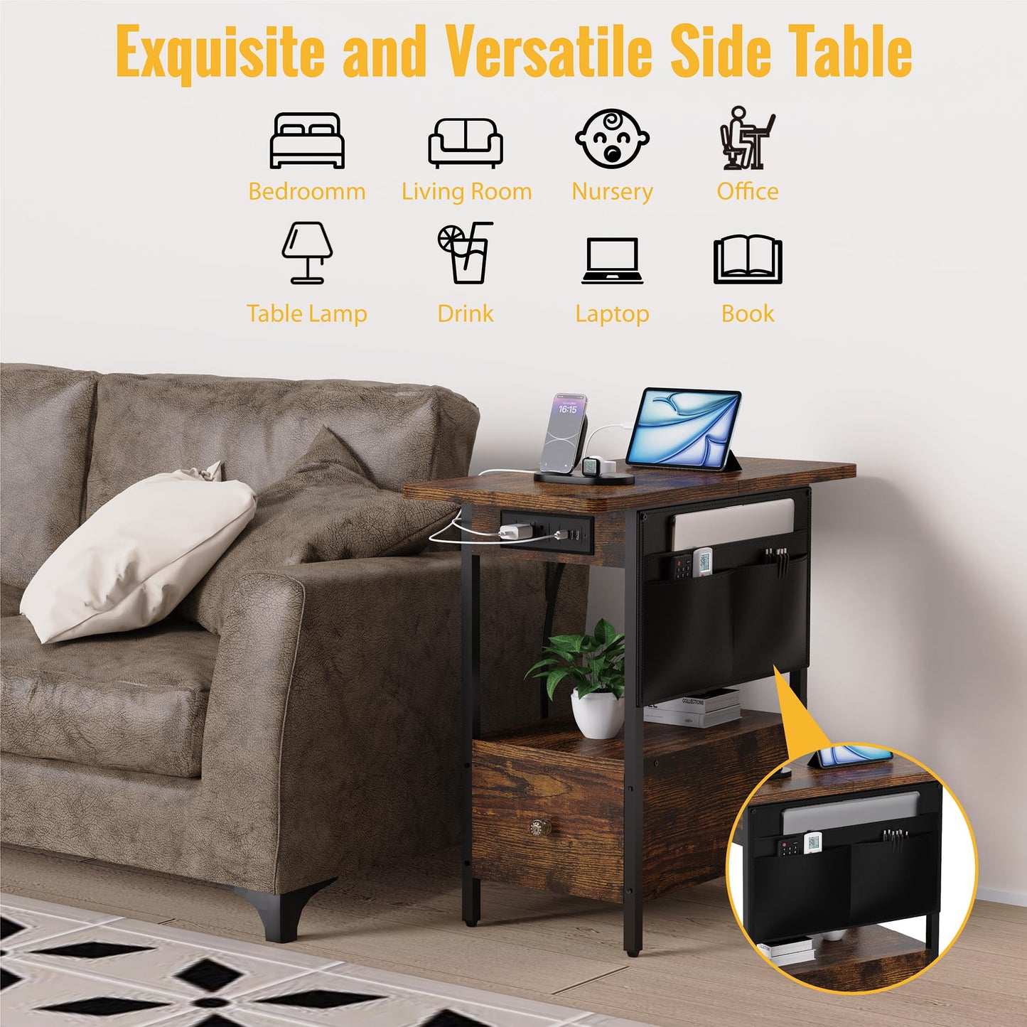 Yenlure Small Side Table with Charging Station, Narrow Nightstand Bedside Tables with Storage Pocket for Living Room Bedroom, Sofa End Table with USB Ports and Power Outlets for Small Spaces