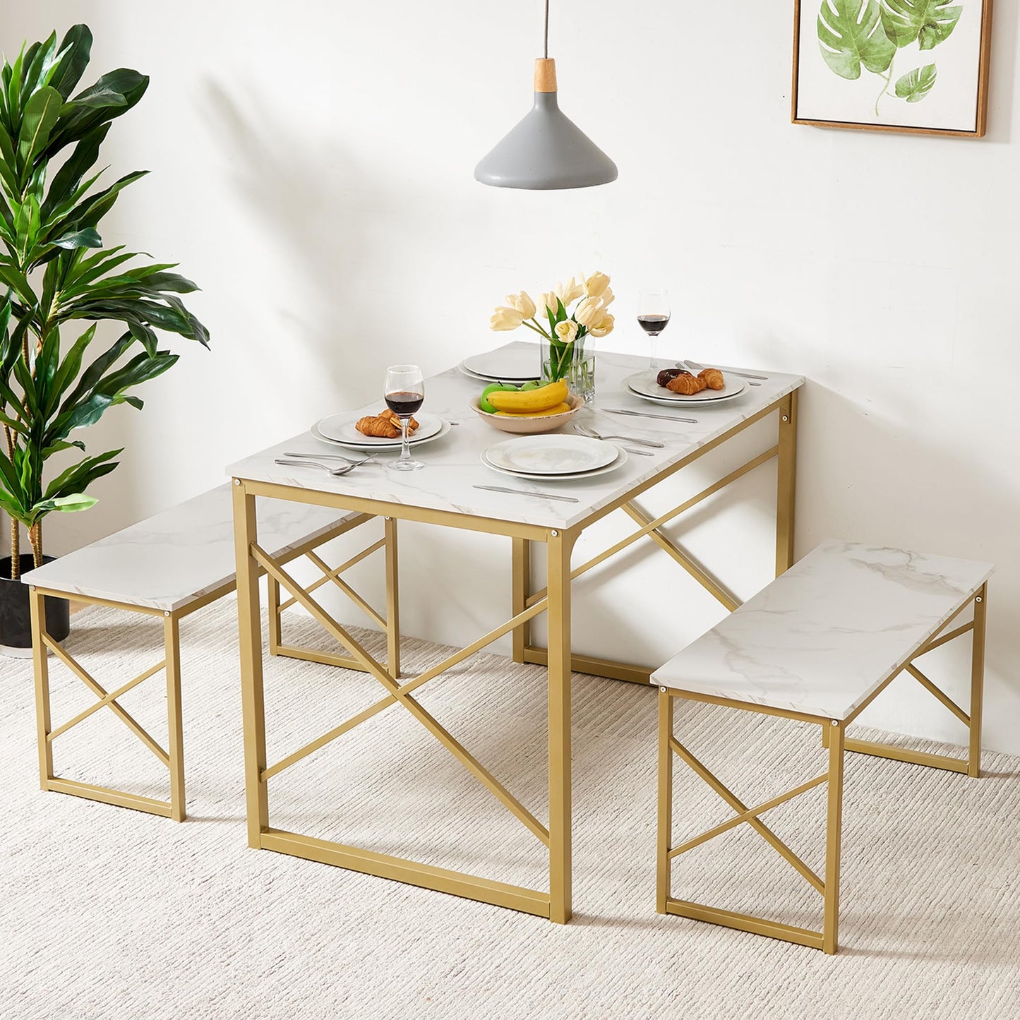 VECELO Kitchen Table with 2 Benches for 4, Wood Dining Room Dinette Sets with Metal Frame for Breakfast Nook and Small Space