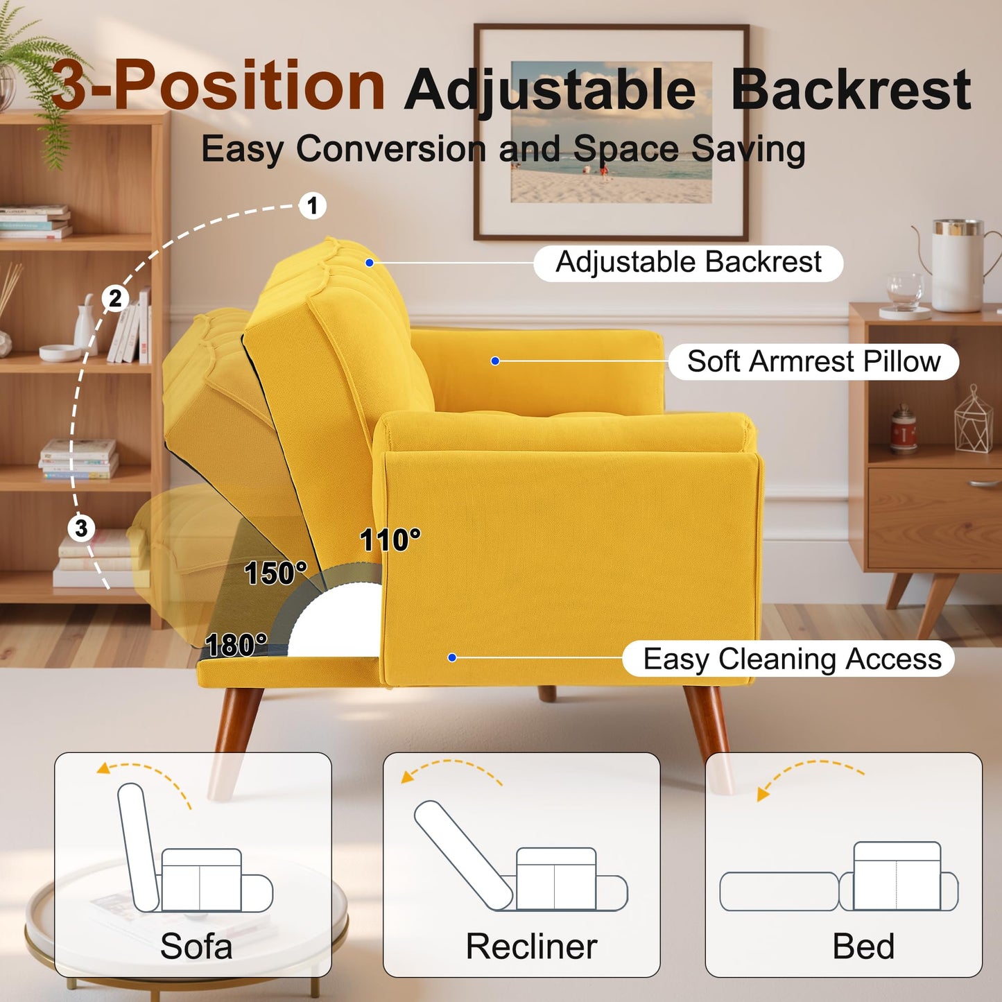 liuyouhom Convertible Futon Sofa Bed, Sleeper Couch Bed with Adjustable Backrests, Linen 3 Seater Small Couches for Small Spaces, Living Room, Bedroom(Yellow, 75")