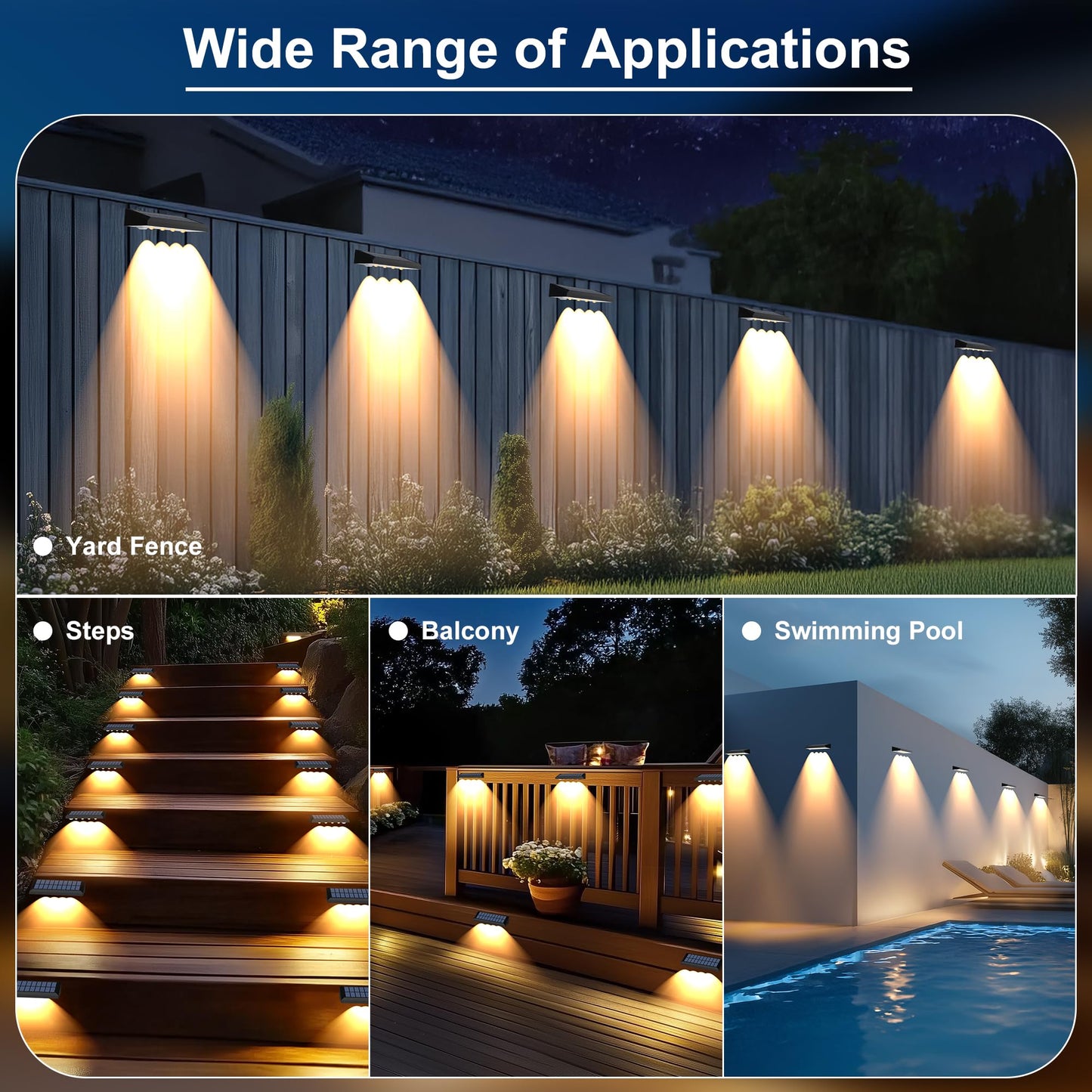 AUDLES Solar Fence Lights Outdoor, 8 Pack Fence Lights Solar Powered with 4 LED, Fence Solar Light Outdoor IP65 Waterproof Deck Light for Backyard, Railing, Patio, Stair, Wall, Step - Warm Lighting