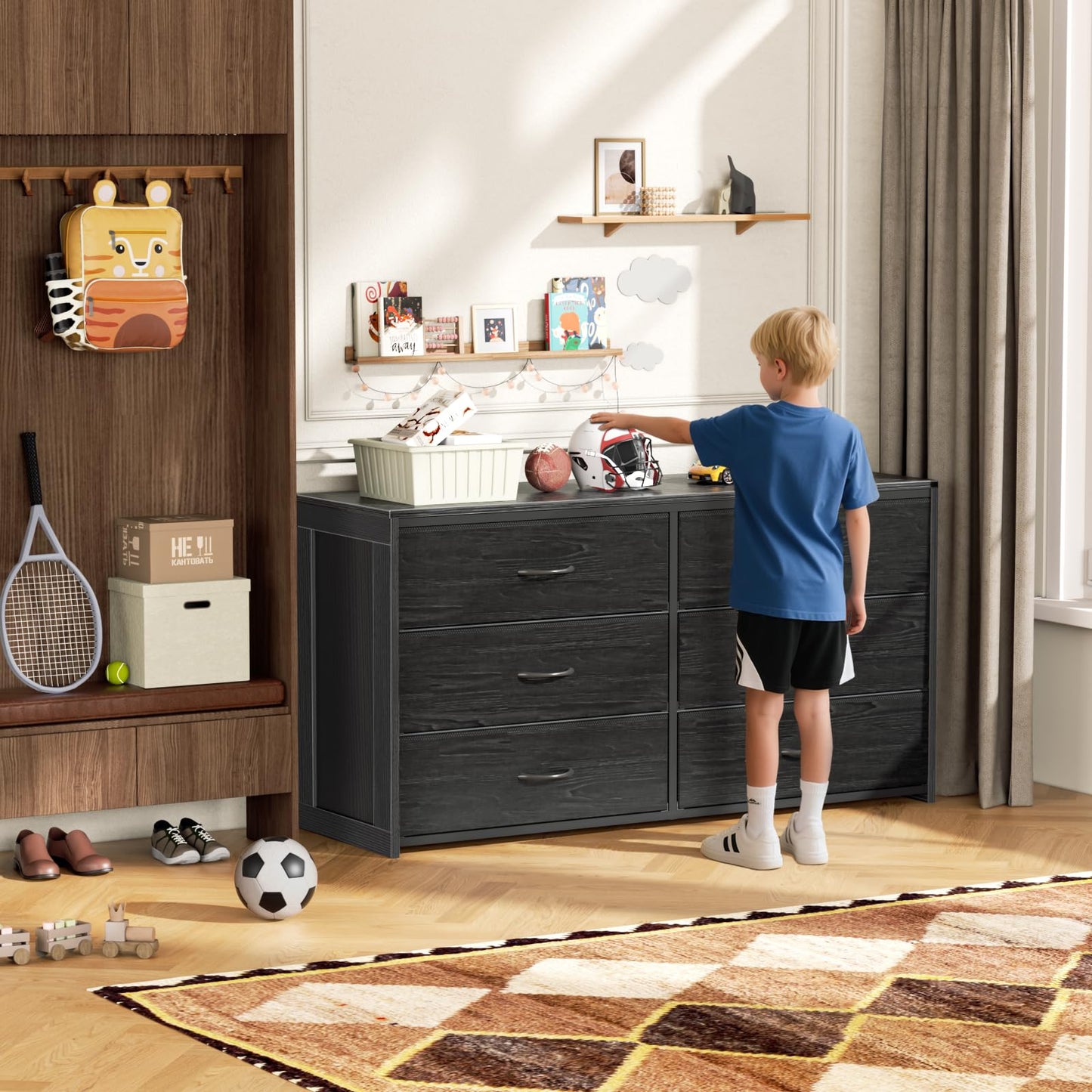 Black Dresser for Bedroom, 6 Drawer Dresser for Closet, TV Stand Entertainment Center for Living Room, Wooden Top and Side Large Fabric Drawer Storage Organizer, Chest of Drawer, Wide Furniture