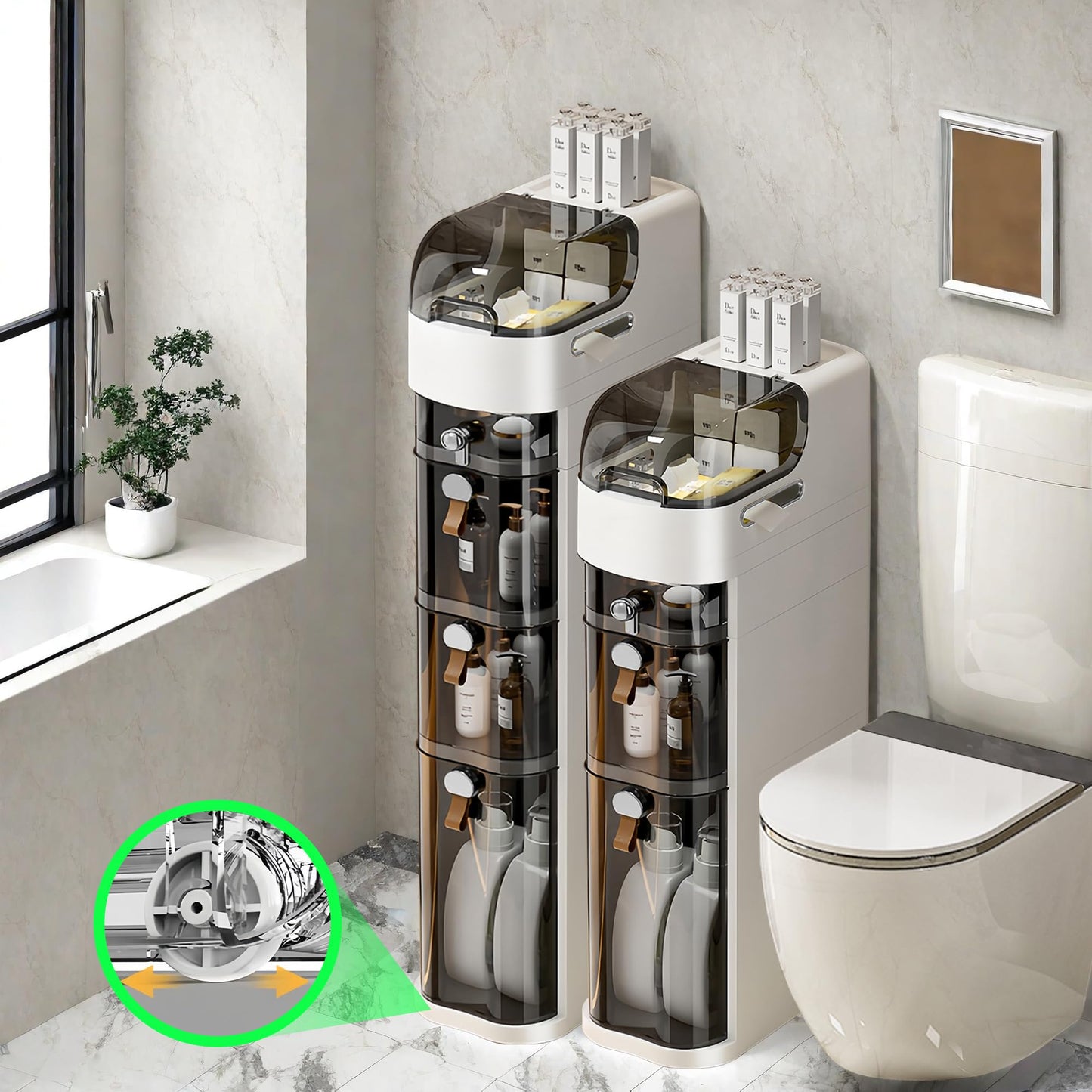 MOSAMNI 4-Tiers Slim Bathroom Storage Cabinet, Waterproof Narrow Storage Cabinet with Drawers for Small Spaces, Bathroom, Kitchen, Laundry, Living Room