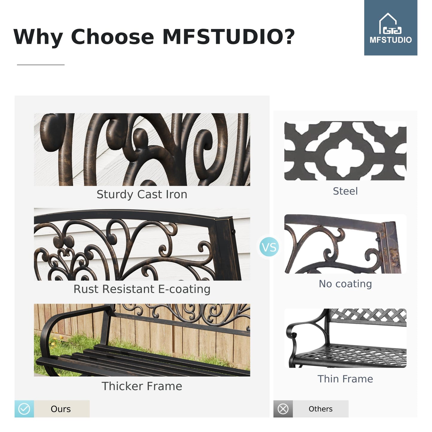 MFSTUDIO 50 Inches Outdoor Garden Bench, Cast Iron Metal Frame Patio Park Bench with Floral Pattern Backrest, Arch Legs for Porch, Lawn, Yard-Bronze