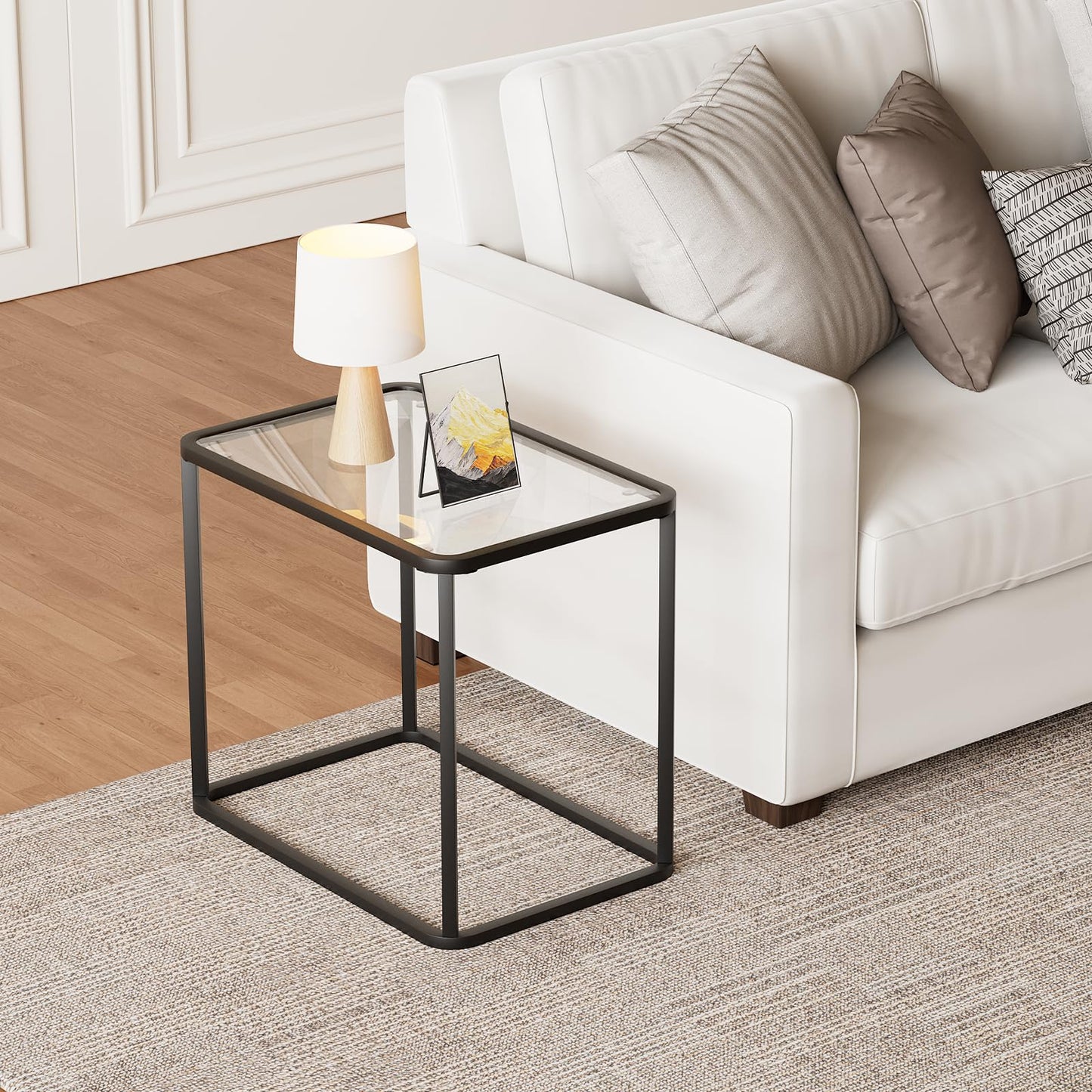 Garden 4 you Glass Side Table, Rectangle End Table with Metal Frame, Modern Bedside Table for Office, Bedroom, Living Room, Study, Small Spaces,Easy Assembly,23.6x15.7x20.8 Inches,Black