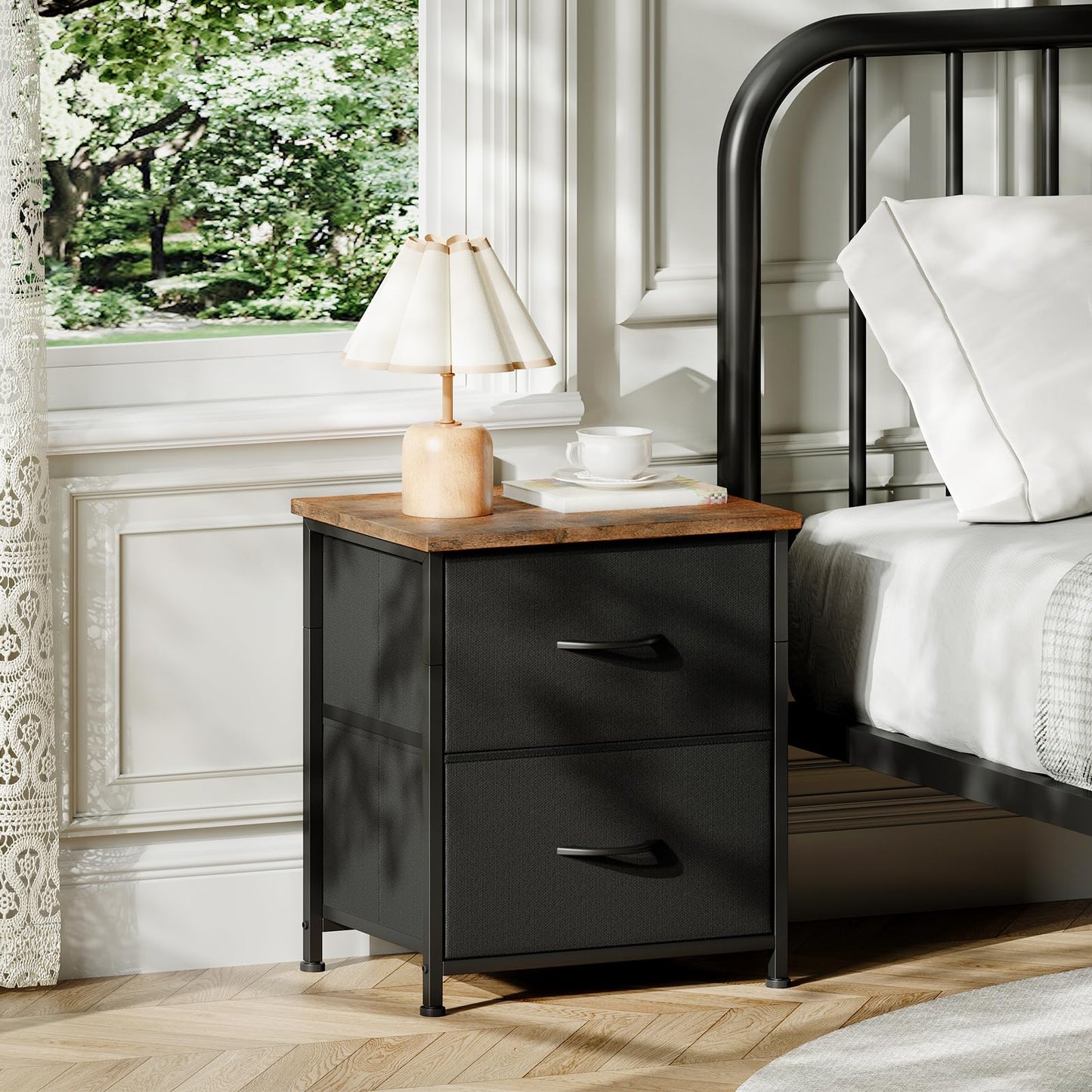Somdot Black Nightstand, Small Dresser for Bedroom with 2 Drawers, Bedside Table Night Stand End Table with Fabric Bins for Bedroom Kids Closet Dorm Guest Room, Black Rustic Brown