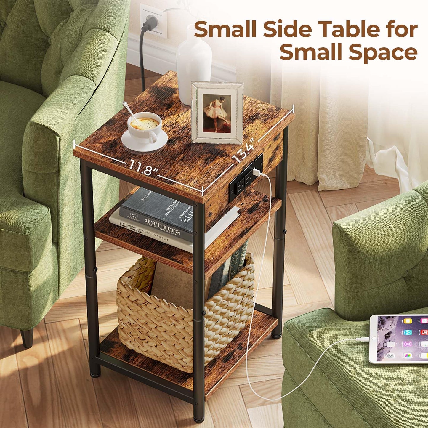 Rolanstar End Table with Charging Station, Night Stand with 3 Storage Shelves, Small Side Table for Small Space, Narrow Bedside Table for Living Room, Bedroom, Rustic Brown, Set of 2