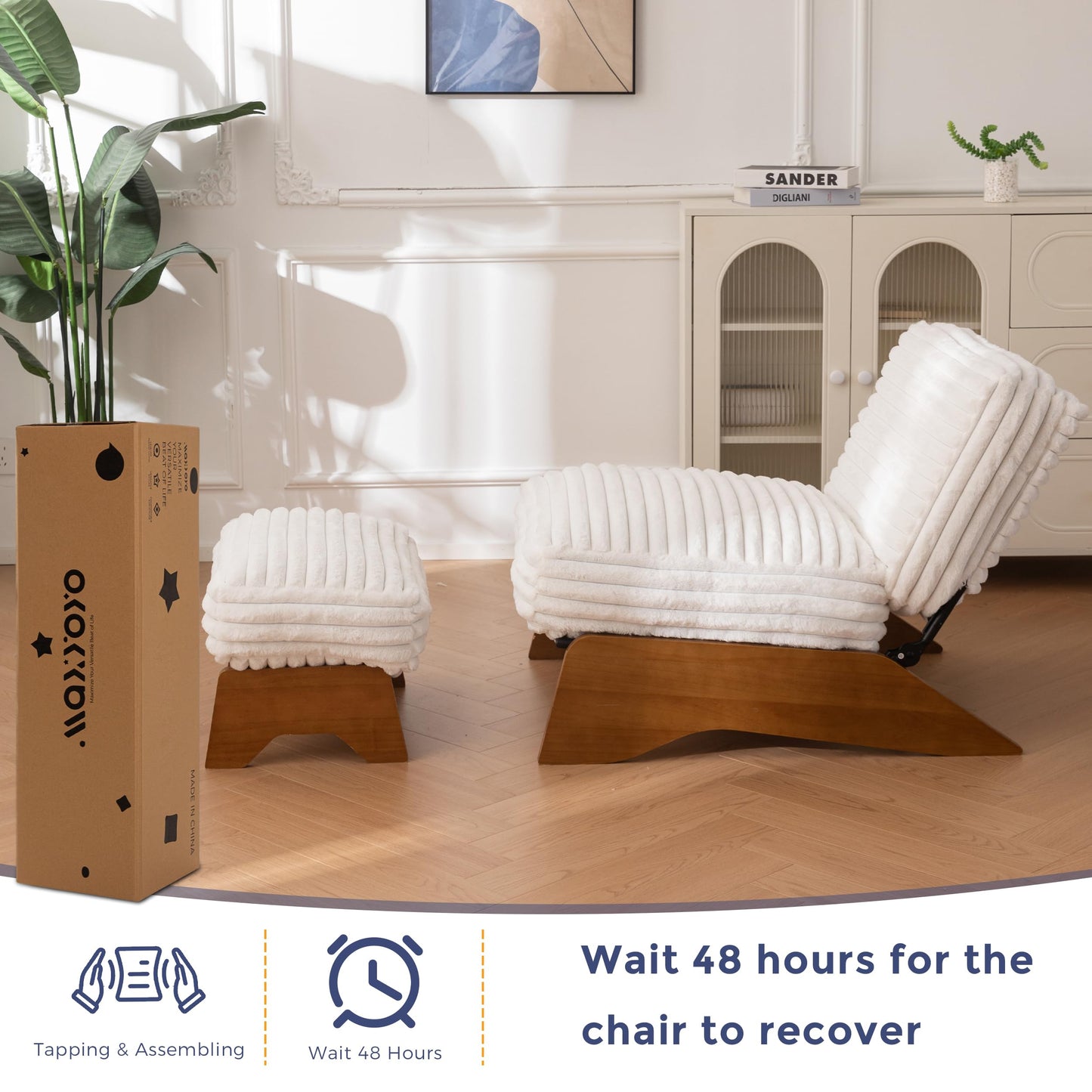 MAXYOYO Modern Adjustable Accent Chair with Ottoman, Upholstered Living Room Chair with Footrest Set, Soft Reclining Lounge for Bedroom, Apartment, Office, Beige