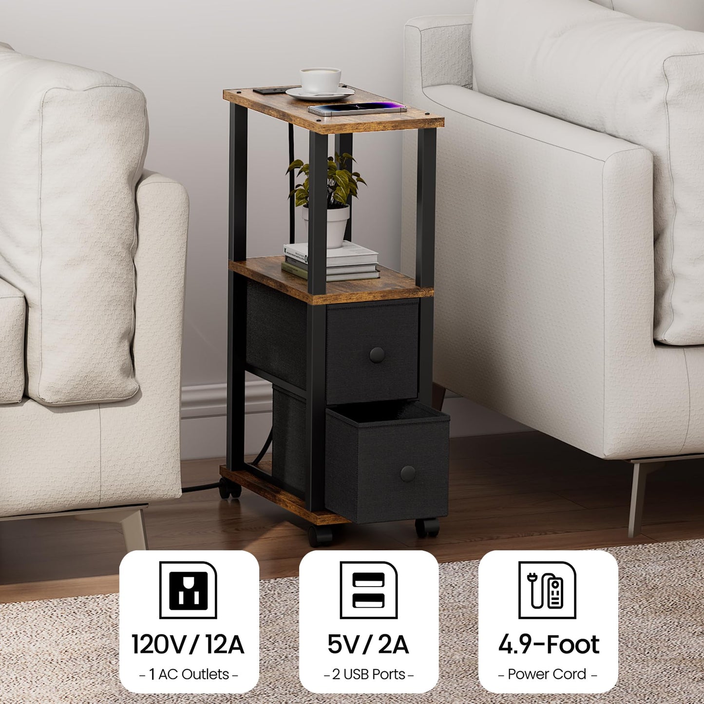 TUTOTAK Small Narrow End Tables, Side Tables with 2 Fabric Drawers, Set of 2, Bedside Tables with Charging Station for Small Spaces, Slim Nightstands with USB Ports and Wheels, TB01BB053