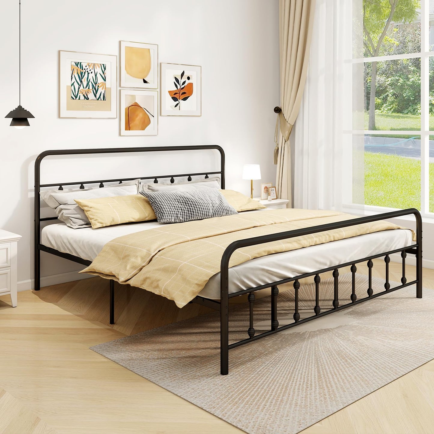 KOMFOTT King Size Metal Bed Frame with Headboard & Footboard, Victorian Style Metal Platform Bed Frame with Under Bed Storage, Noise-Free Mattress Foundation No Box Spring Needed, Black
