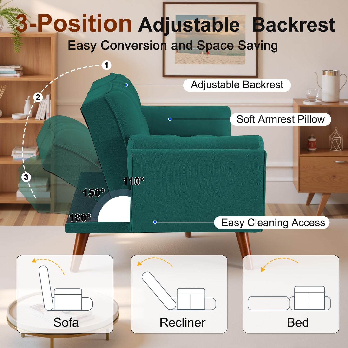 Convertible Futon Couch Bed, Sleeper Sofa Bed with Adjustable Backrests, Linen Loveseat Sofa 3 Seater Comfy Couch for Small Spaces, Living Room, Bedroom(Green, 75")