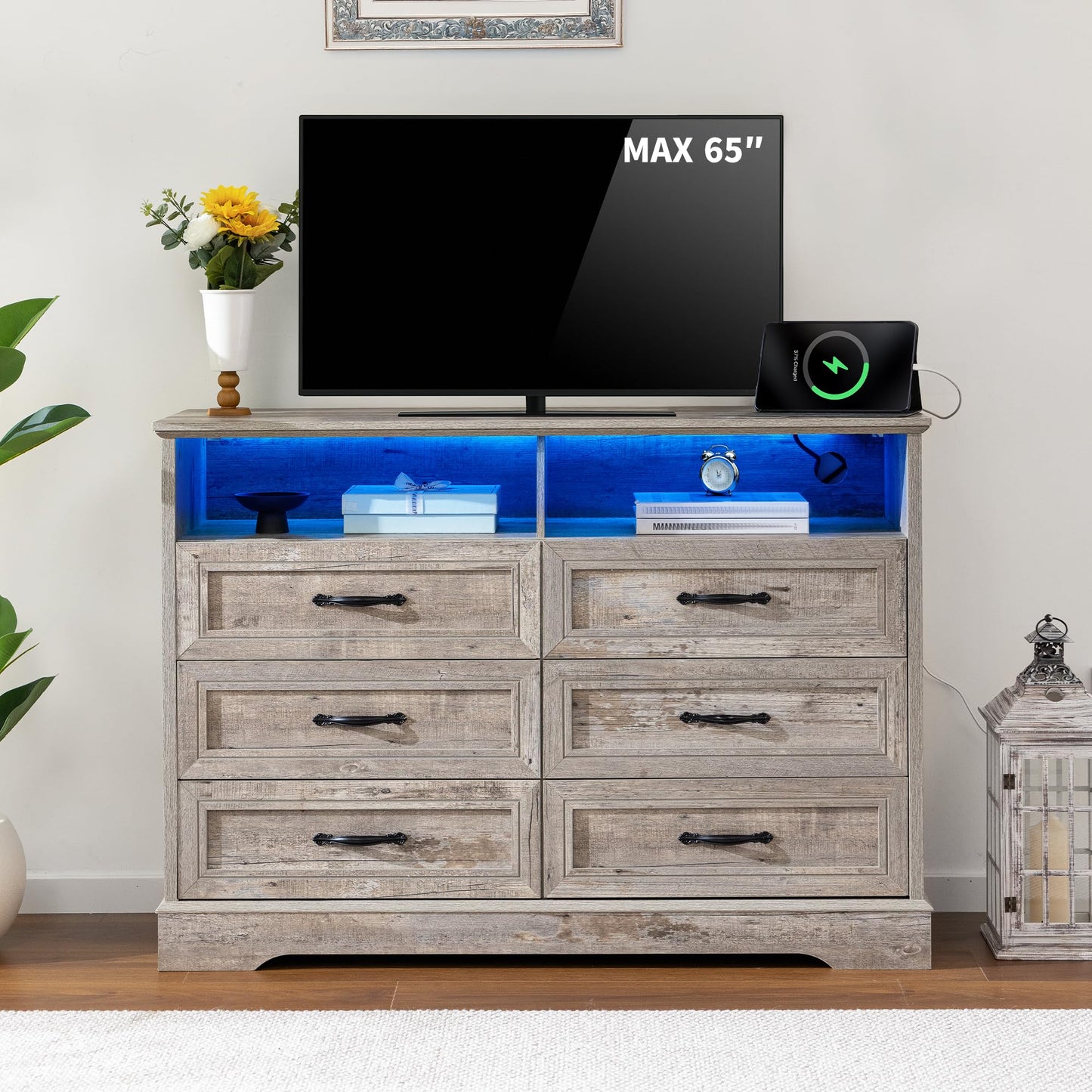 Homkdom Dressers for Bedroom,6 Drawers Dresser with LED Light,Power Outlets and Open Shelves,Chests of Drawers for 65 inch TV, for Hallway, Entryway, Light Rustic Oak