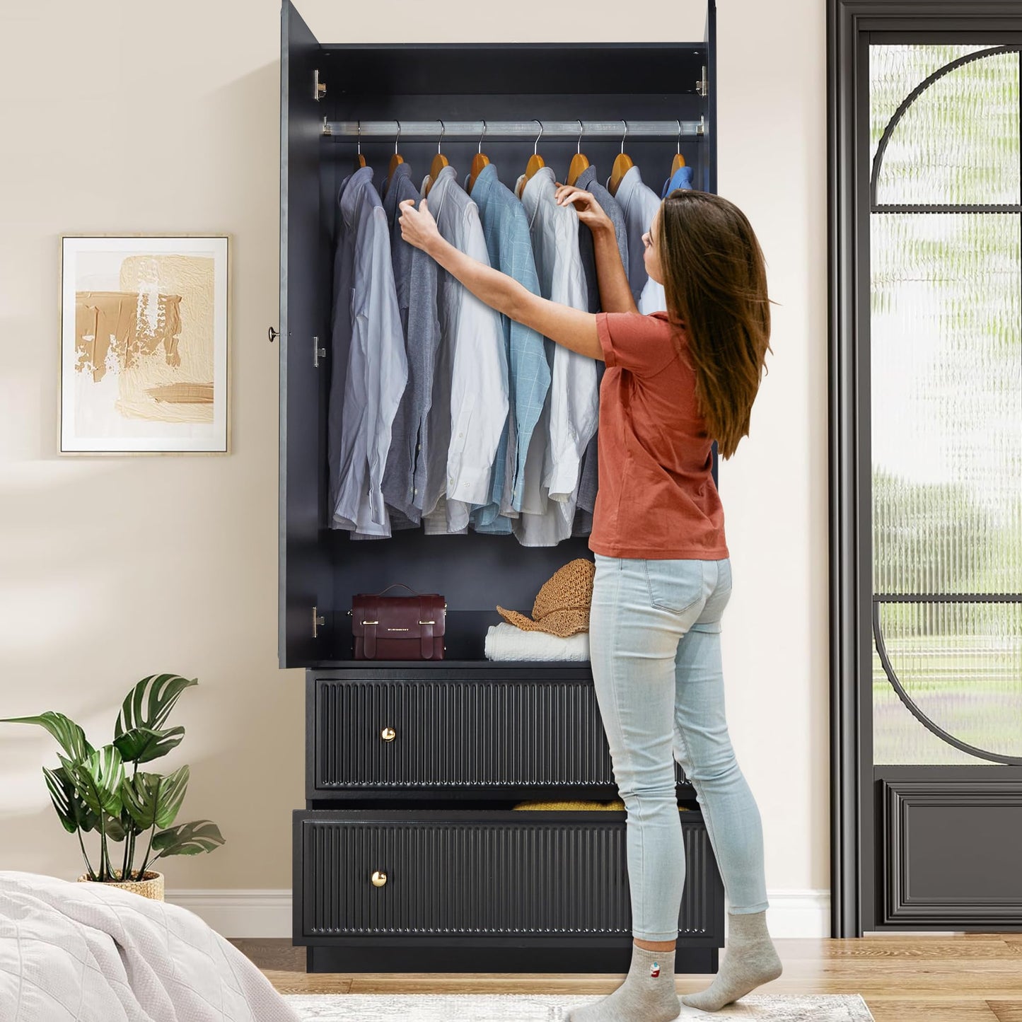 ORRD Black Freestanding Armoire Wardrobe Closet with 2 Doors and 2 Storage Drawers, Large Capacity Wardrobe Cabinet, Wooden Closet for Bedroom
