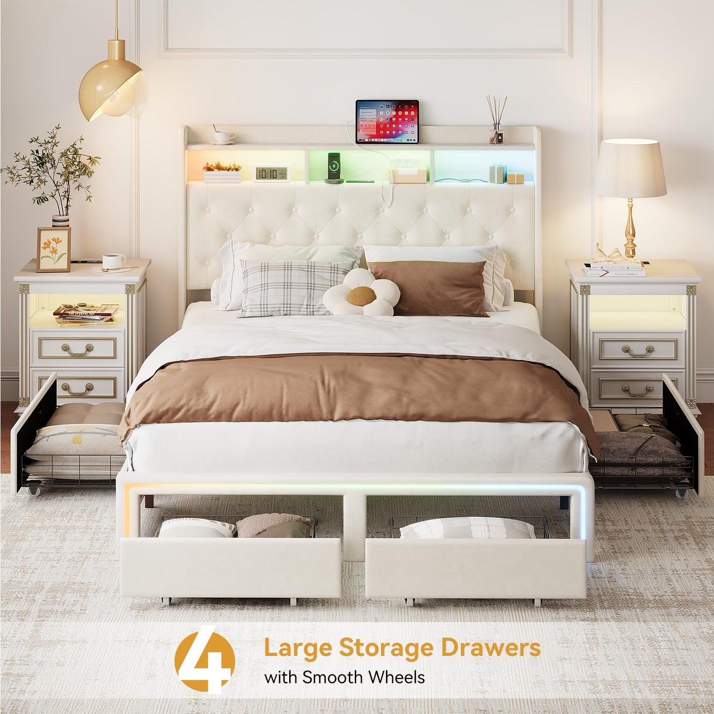 VINTLJUS King LED Bed Frame with Storage Headboard & Charging Station, Velvet Fabric Platform Bed Frames with 4 Drawers, Button Tufted Upholstered, No Box Spring Needed, Beige