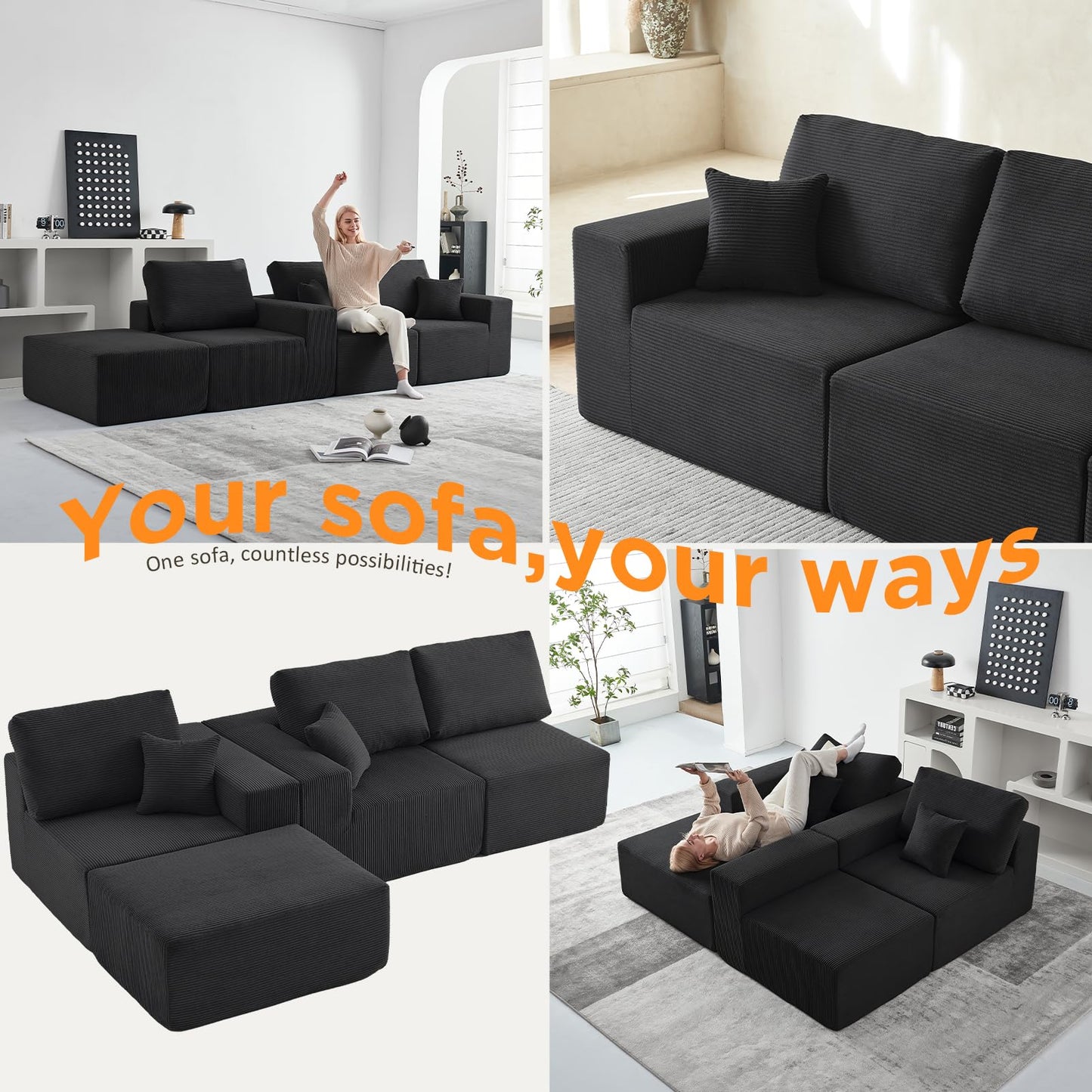 INGEROOM 108" Cloud Sectional Couch, Modular Sectional Sofa with L-Shaped Chaise, Modern Plush Corduroy Couch for Living Room Bedroom（Black）