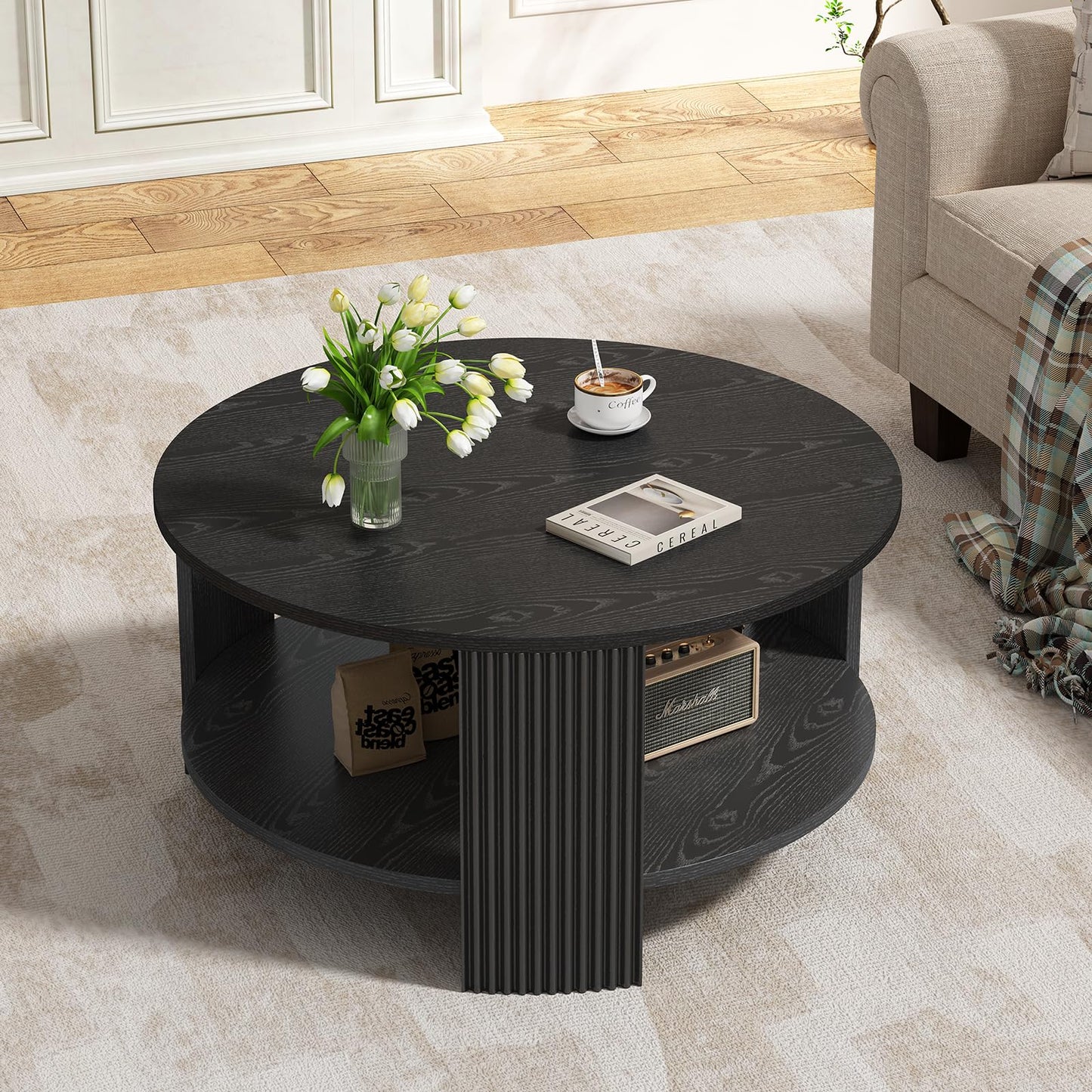 Furniouse Round Coffee Table 31.5''in Modern Coffee Table with Fluted Legs, 2 Tier Circle Wood Coffee Table with Storage for Living Room, Black