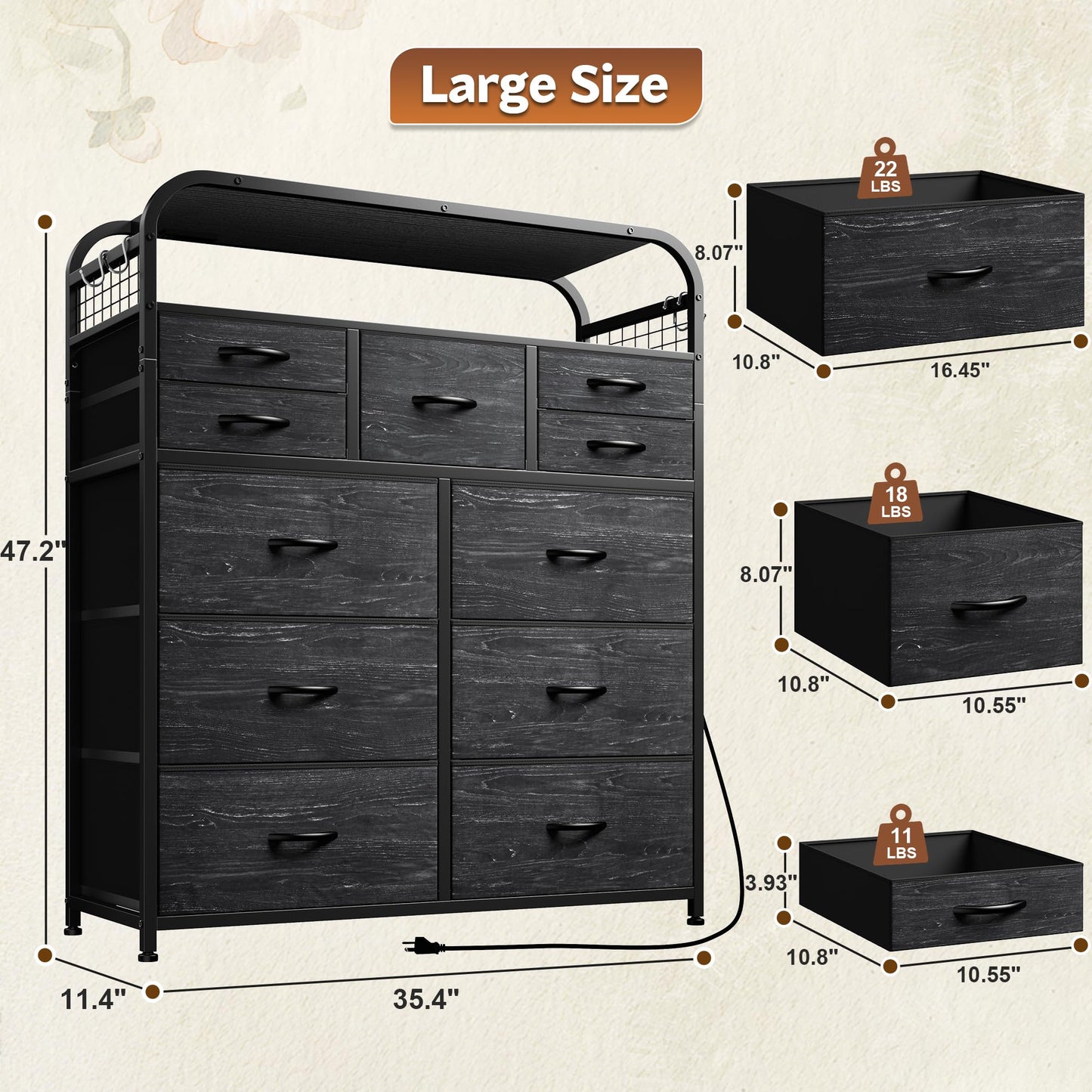 Dresser for Bedroom with 11 Drawers & Station, Chest of Drawers with LED Lights & 4 Hooks, Closet, Living Room, Entryway, Black