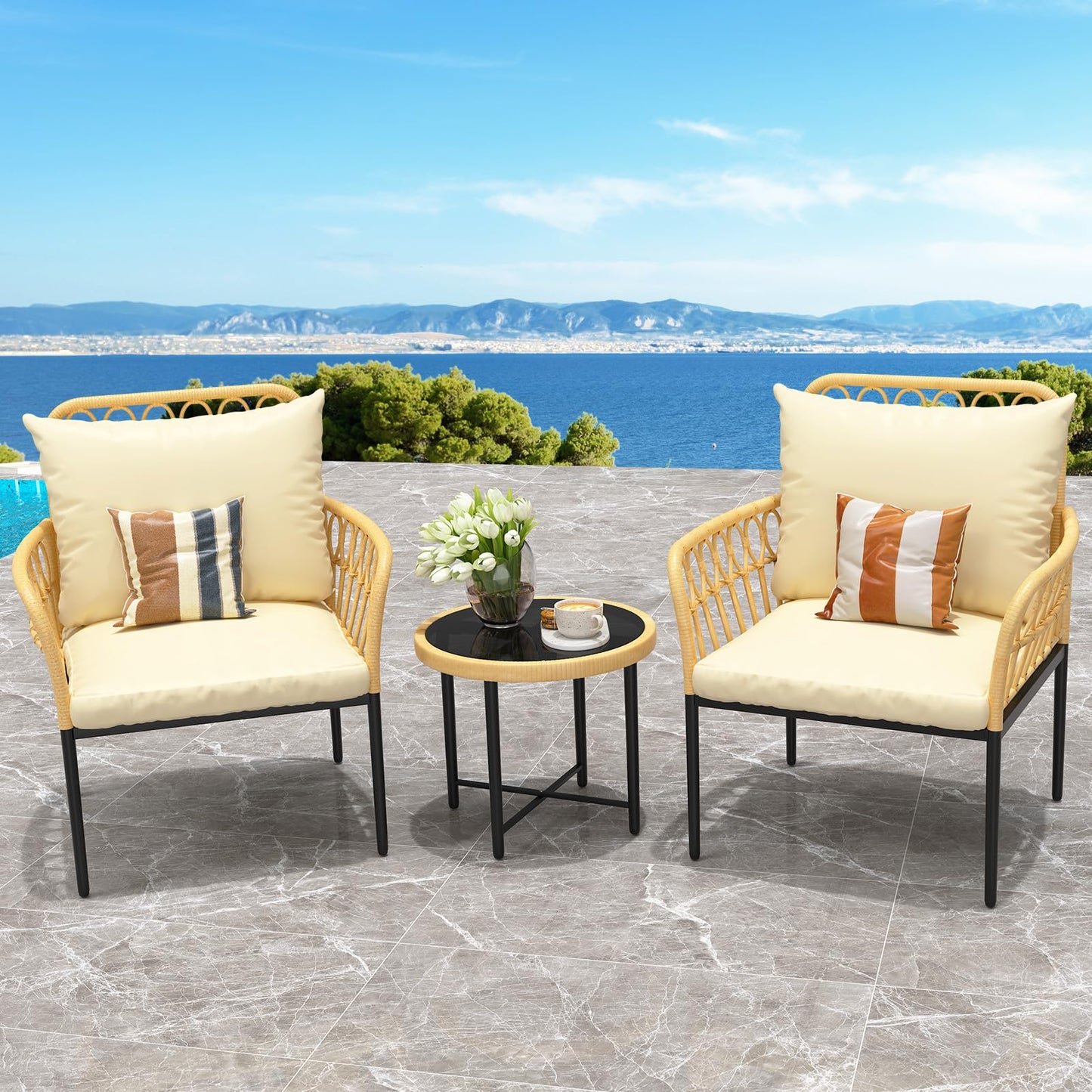 Garvee Bistro Set 3-Piece, Patio Conversation Set, All-Weather Wicker Outdoor Sectional Furniture Chairs with Table & Cushions Beige for Garden Patio Deck