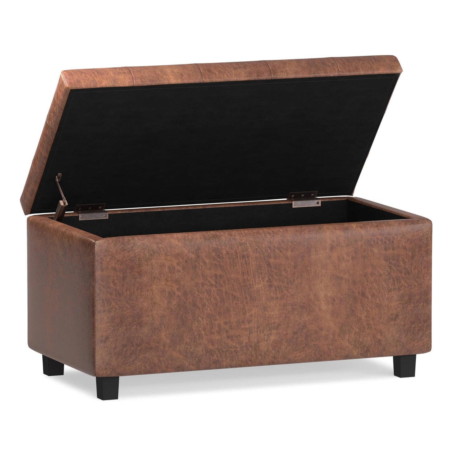 SIMPLIHOME Cosmopolitan 34 inch Wide Transitional Rectangle Storage Ottoman in Distressed Saddle Brown Vegan Faux Leather, Assembled, For the Living Room, Entryway and Family Room