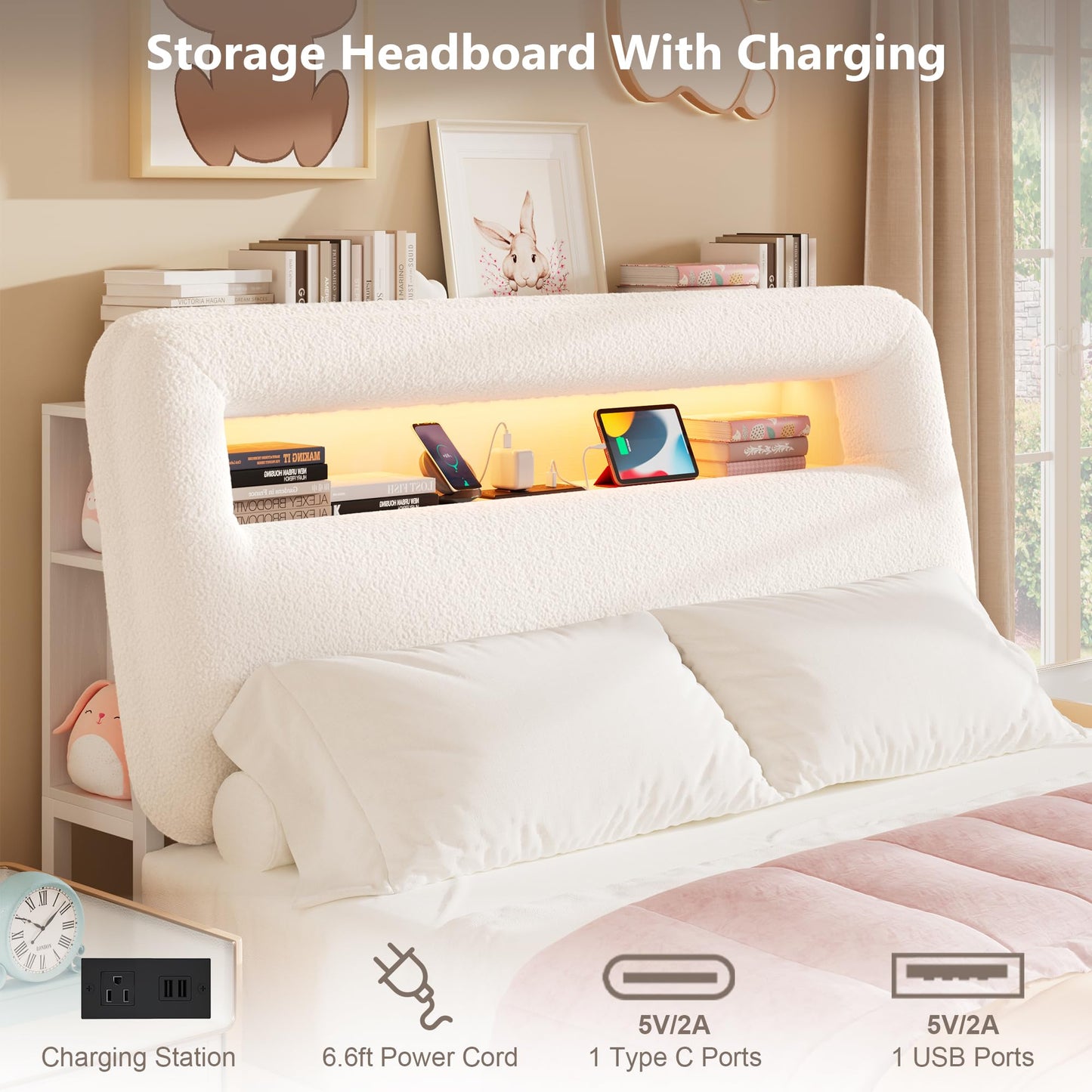 VINTLJUS Full LED Bed Frame with Storage Headboard & Charging Station, Kids Bed Frames with Bookcase, Teddy Fleece Upholstered Platform Bed Frames with 2 Storage Drawers, Noise Freed, Beige