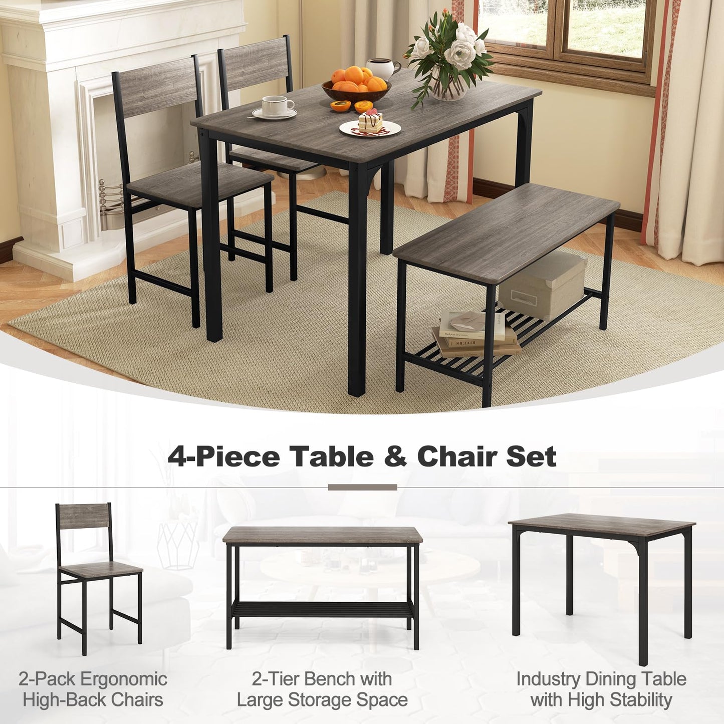 ReunionG Dining Table Set for 4, Modern Dinette with 1 Bench & 2 Chairs, Storage Shelf, 4-Piece Kitchen Table for Small Space, Apartment, Dining Room, Restaurant (Grey)