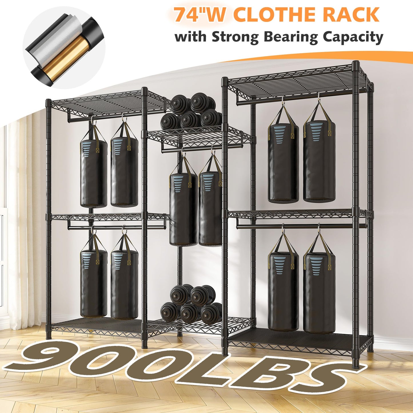 Raybee Heavy Duty Clothes Rack with Cover Loads 900LBS Portable Clothing Rack for Hanging Clothes,Adjustable feet for stability, Black, 74.9" Wx17.8 Dx76.9 H