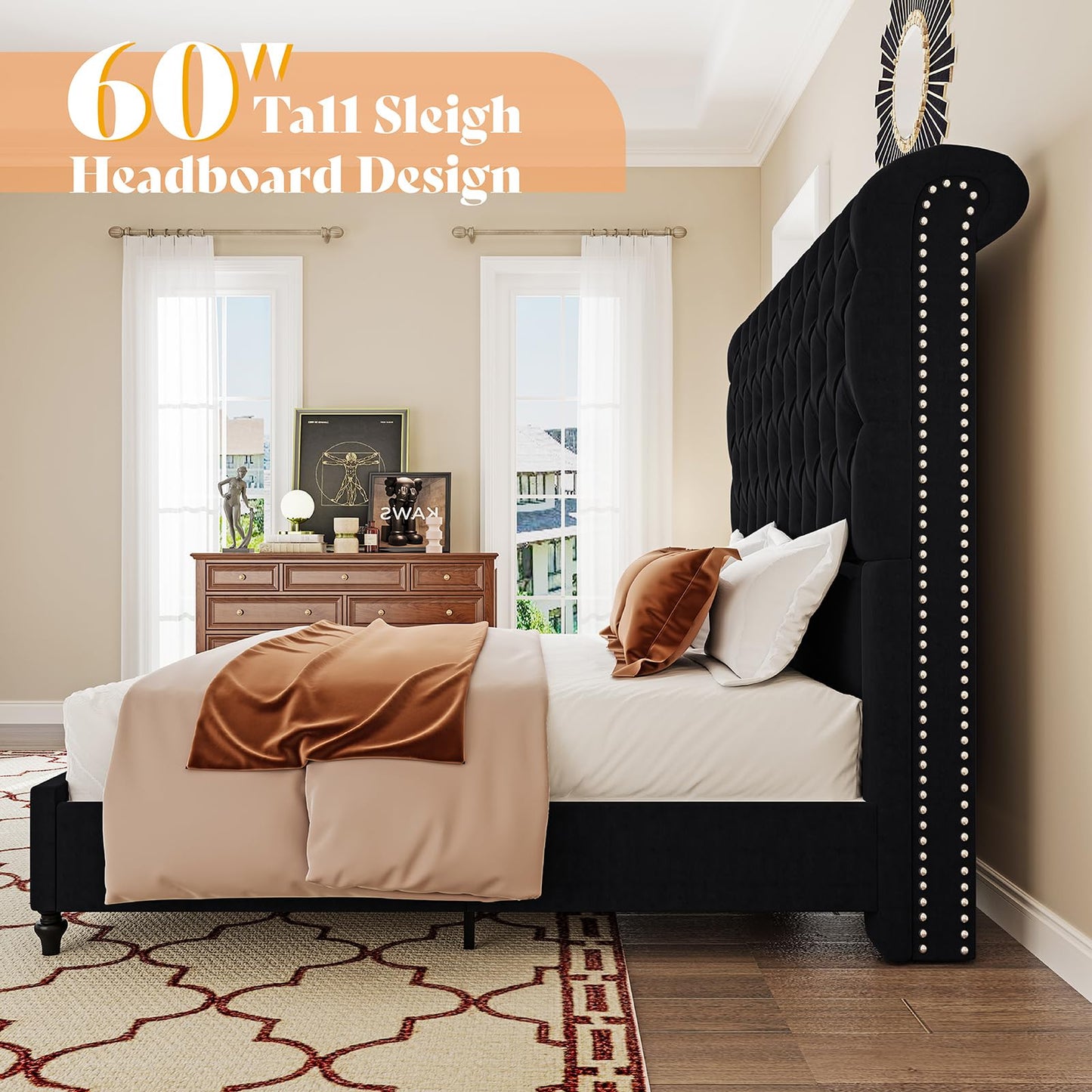 AMERLIFE King Size Bed Frame with 60" Tall Wingback Headboard, Velvet Upholstered Platform, Button Tufted Sleigh Design, No Box Spring Needed,Black