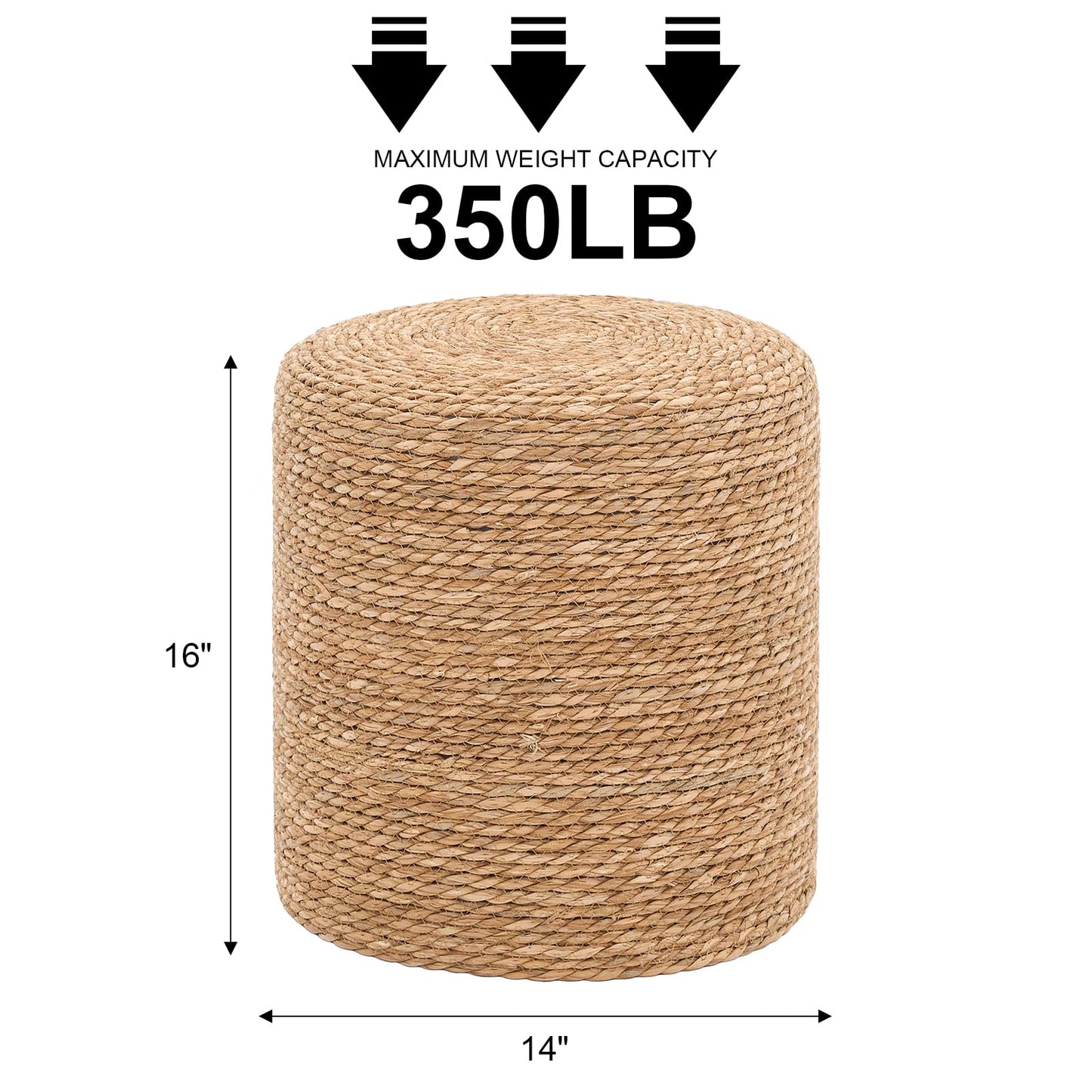 SJGUOJI 16'' Round Ottoman Natural Seagrass Braided Poof Hand Weaving Round Ottomans Boho Footrest Stool for Home Living Room Bedroom Patio(Natural)