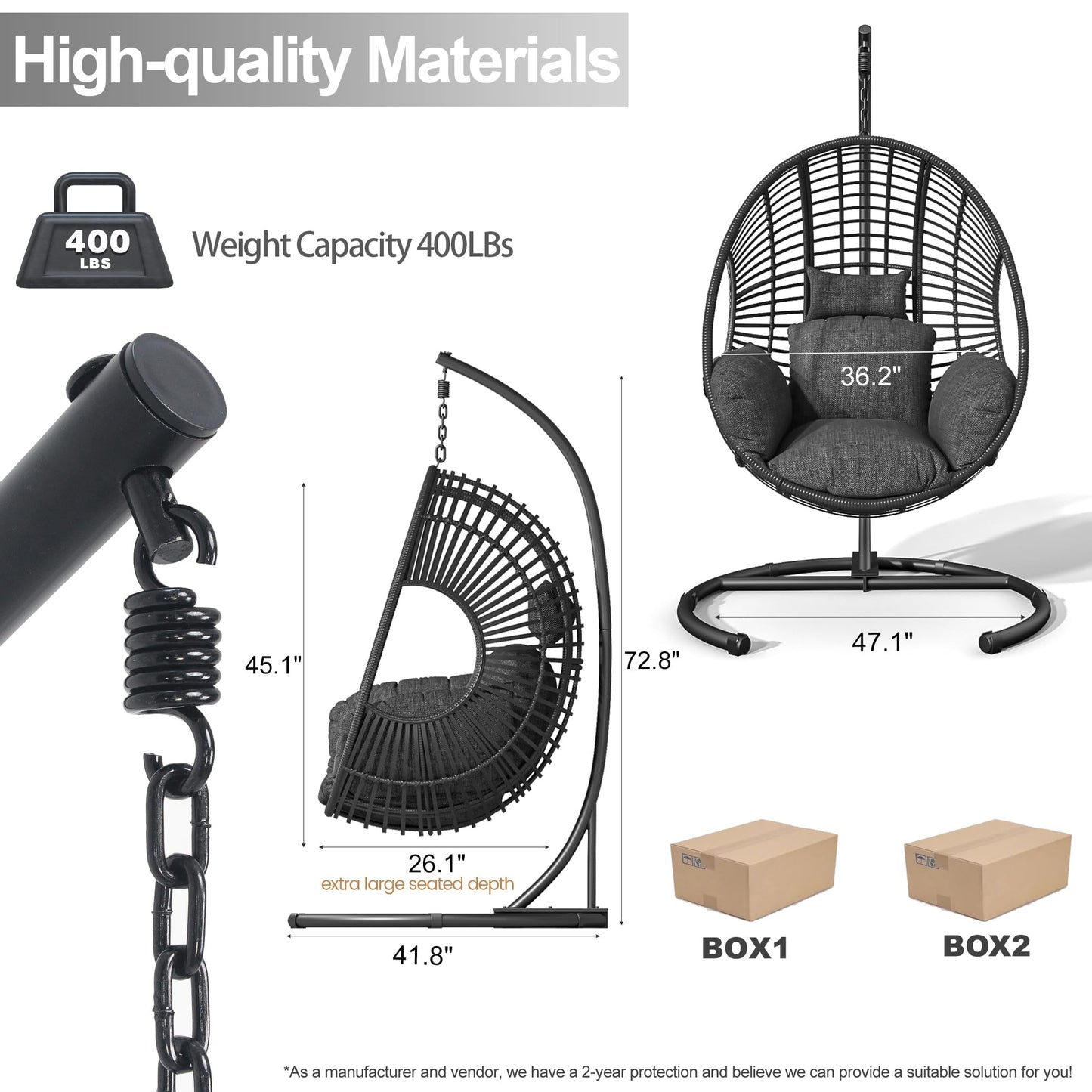 Hanging Egg Chair with Stand - Egg Swing Chair Outdoor Indoor Patio Wicker Chair Swing Hammock Egg Chairs 400lbs Capacity for Outside Patio, Bedroom, Garden and Balcony（Black）