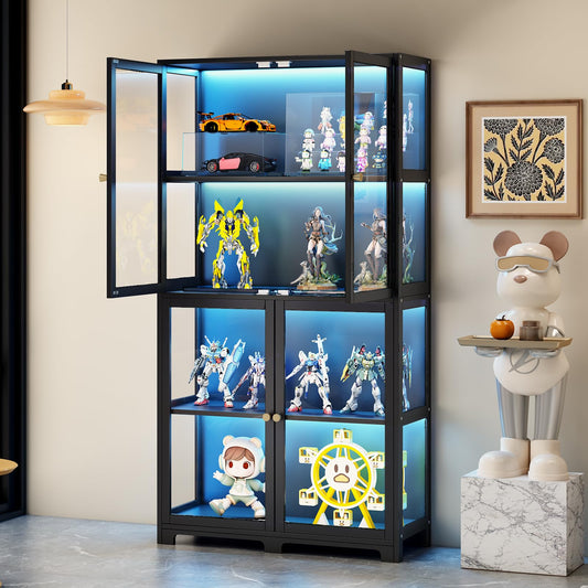 Display Cabinet with Acrylic Glass Doors, 4-Tier Curio Display Case, Transparent Bamboo Curio Display Case for Figures, Storage Cabinet for Collectibles, Bedroom, Office, Playroom