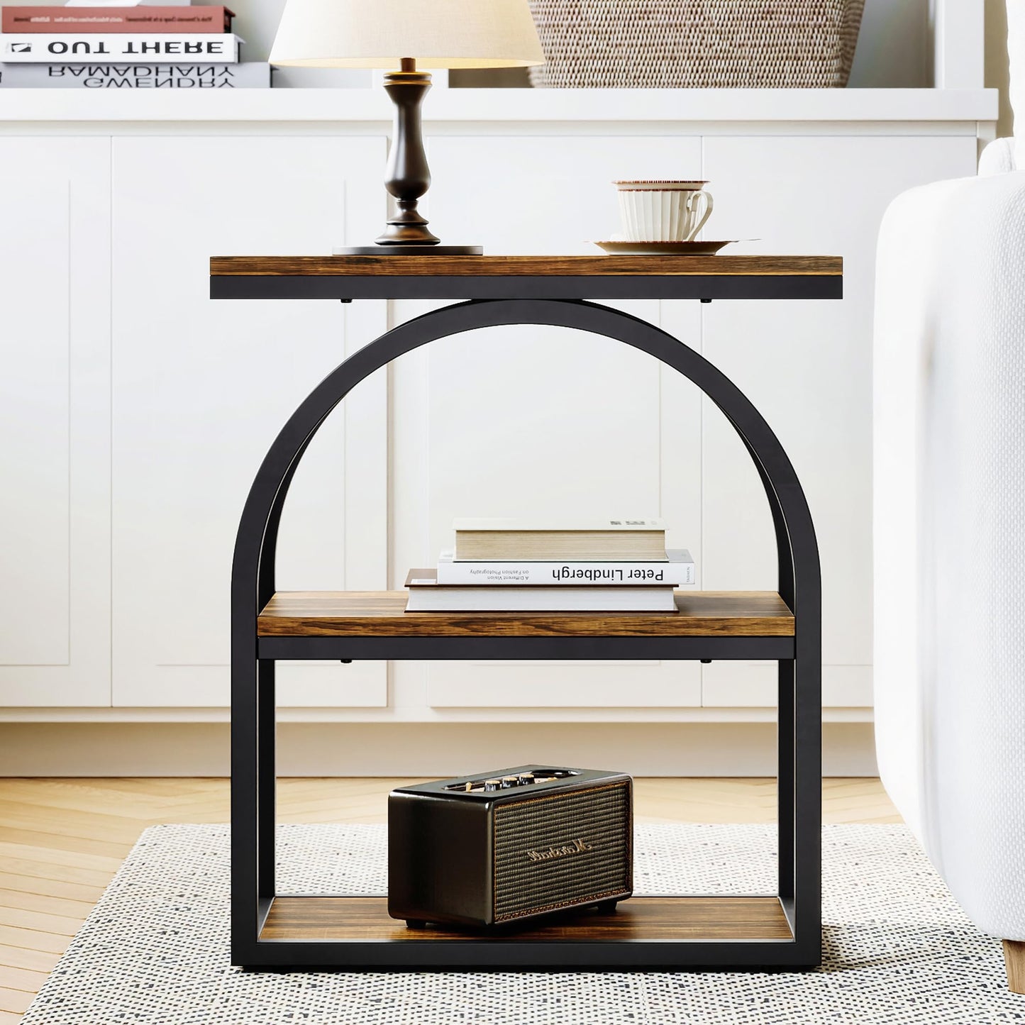 LIKEMET Side Table, End Table with 3-Tier Storage, 25" Bedside Table with Arched Metal Frame, Industrial Nightstand for Living Room, Bedroom, Rustic Brown
