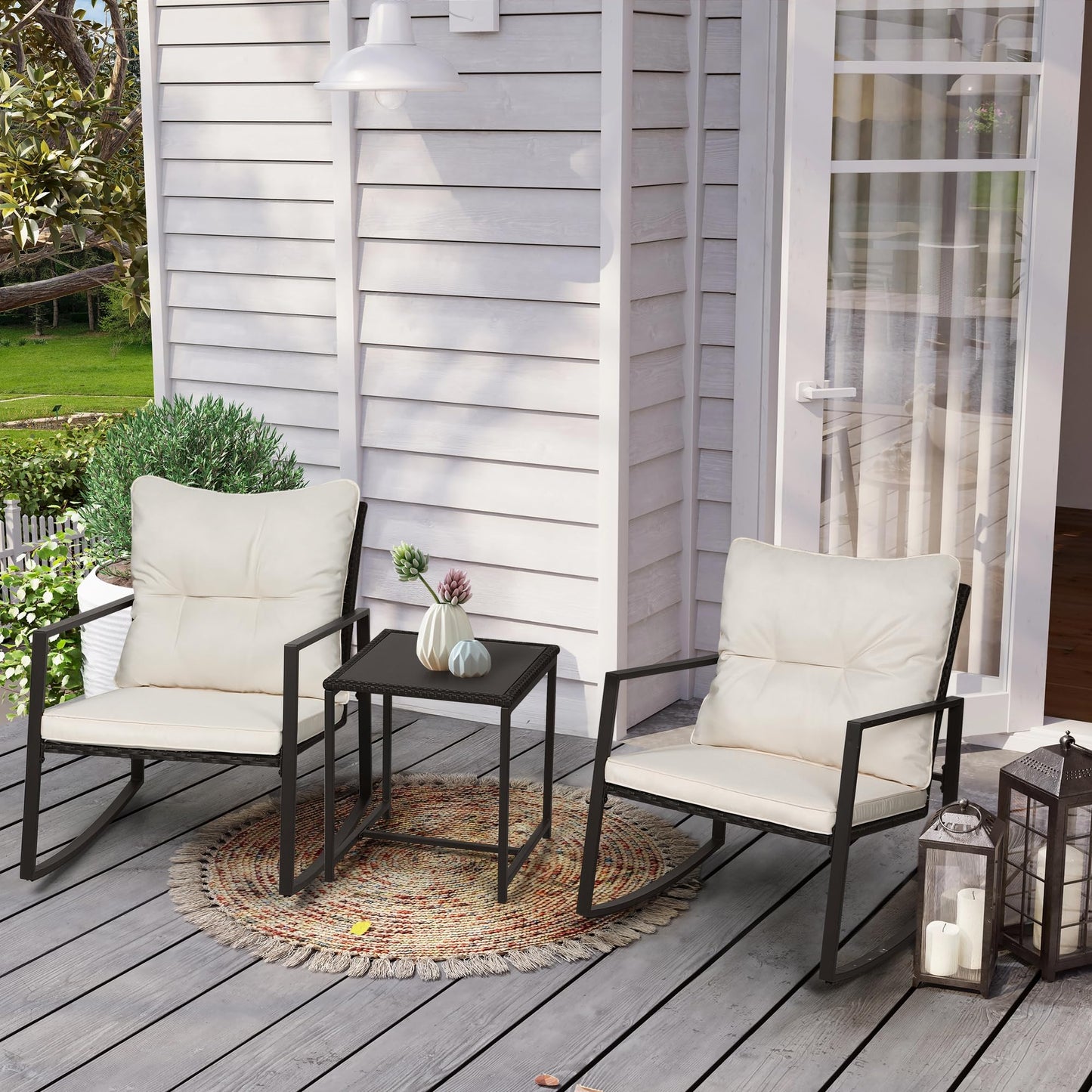 SUNCROWN 3 Piece Outdoor Rocking Bistro Set Black Wicker Furniture Porch Chairs Conversation Sets with Glass Coffee Table, Beige