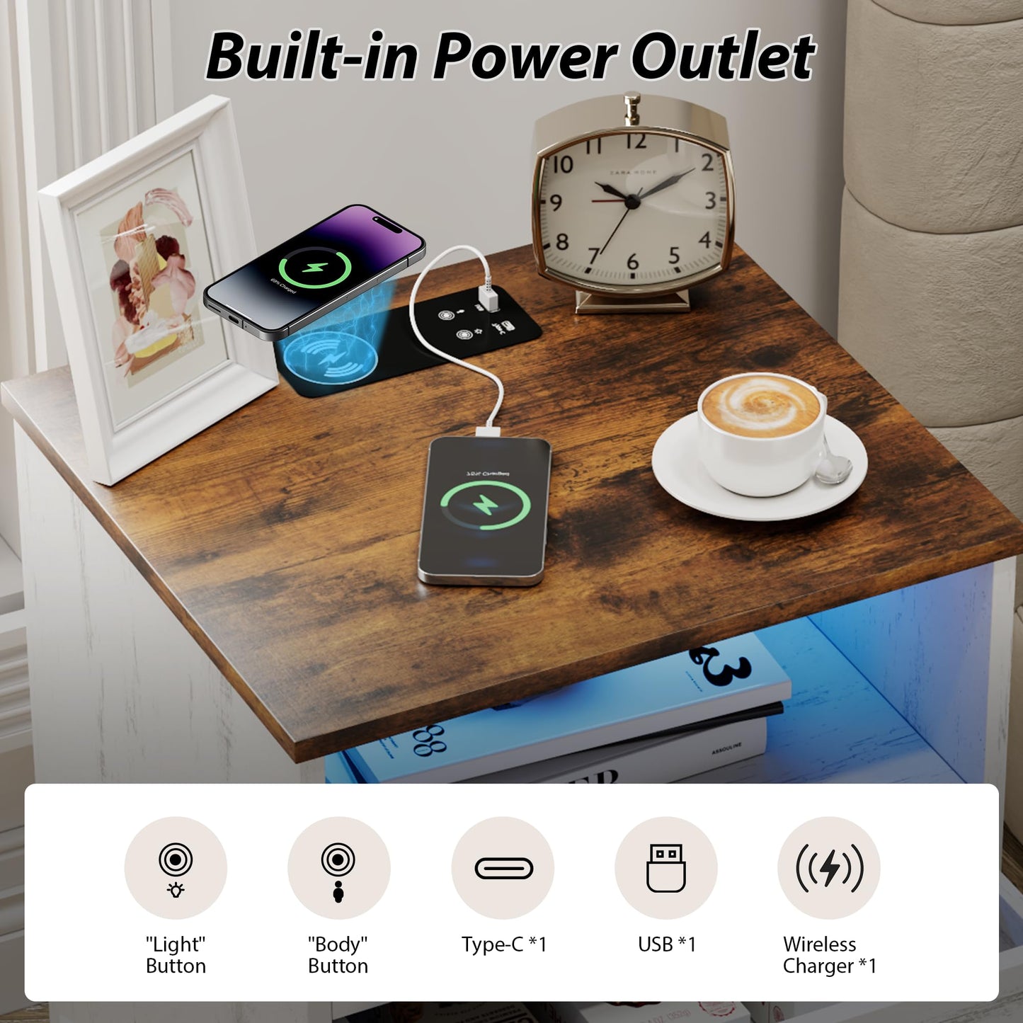Lareth Nightstand with Charging Station and LED Lights, 25.6" H x 15.7" D Farmhouse Wooden End Table with 2 Drawers, Smart Bedside Table for Bedroom, Small Space, Antique White