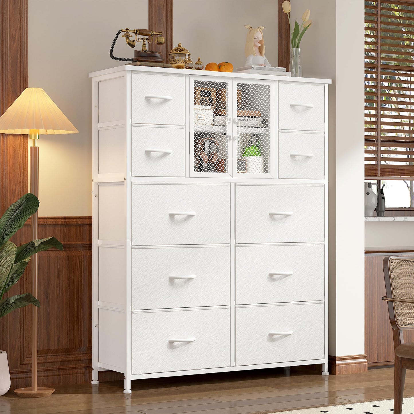 Romorgniz White Dressers for Bedroom with 10 Drawers, Tall Dressers & Chests of Drawers with Large Metal Mesh Door, Closet, Hallway 48.2" H x 38.1" W x 11.8" D