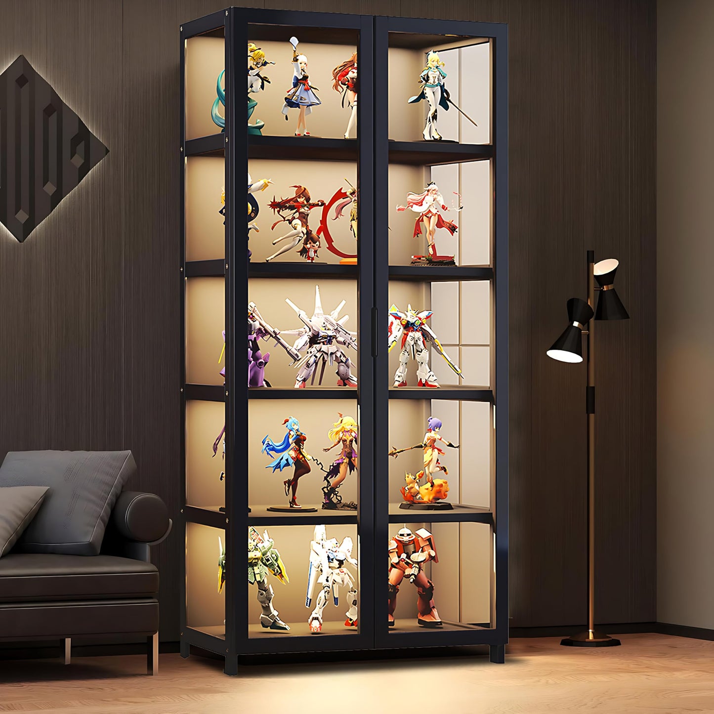 HMBTCRY Display Cabinet with Acrylic Glass Doors,5-Tier Display Cases for Collectibles, Large Toy Display Shelves & Kids Bookcase for Playroom, Bedroom Study Room (Black-1)
