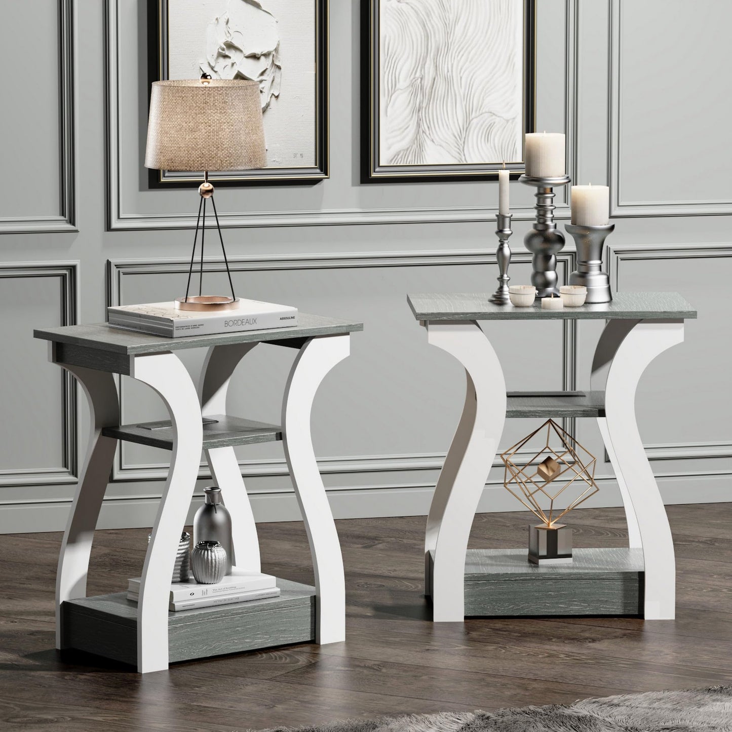 FROMJBEST End Table Set of 2, Side Table with Charging Station, USB Ports and Outlets, 3 Tier Nightstand, Sofa Table for Small Spaces, Beside Table with Storage Shelf for Living Room, Bedroom
