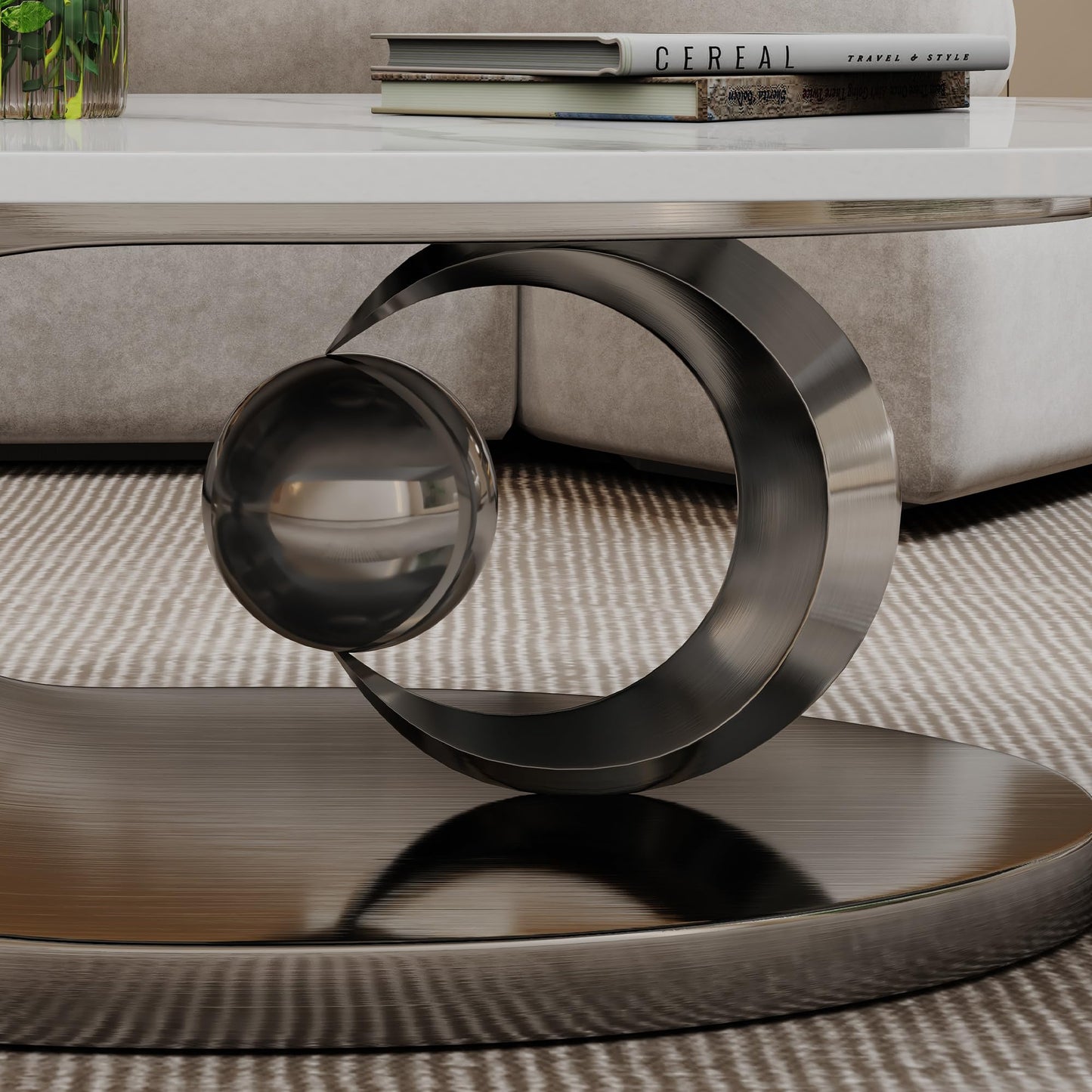 Mid Century Modern Coffee Table, 49.2" Large Oval Coffee Table w/White Faux Marble Tabletop & Silver Sculptural Stainless Steel Base, Minimalist Coffe Cocktail Center Table for Living Room Apartment
