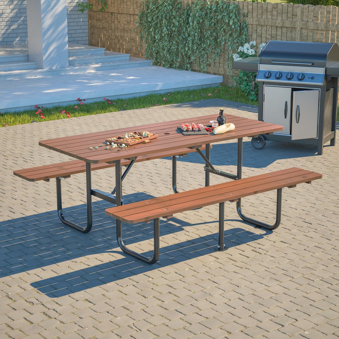 QUAWIP 72" Rectangular Outdoor Picnic Table - 6 Person Brown Wooden Dining Set with Built-in Benches, Ideal for Garden BBQ & Courtyards