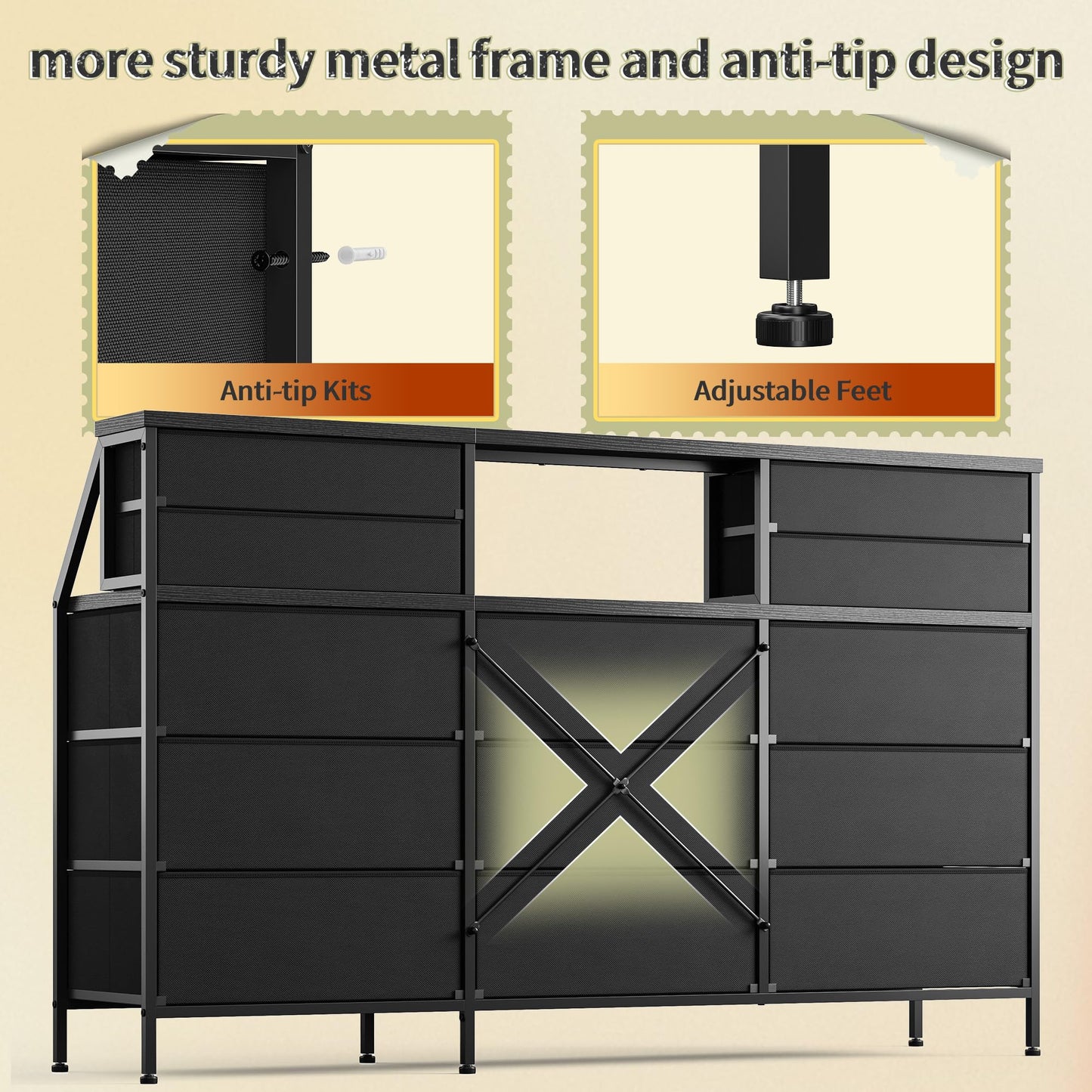 Romorgniz 55" W Black Dresser for Bedroom, Dressers & Chests of Drawers with 13 Fabric Drawers and 2 Extra Open Shelves, Long Vanity Dressers for Bedroom & Closet, Metal Frame & Wooden Top