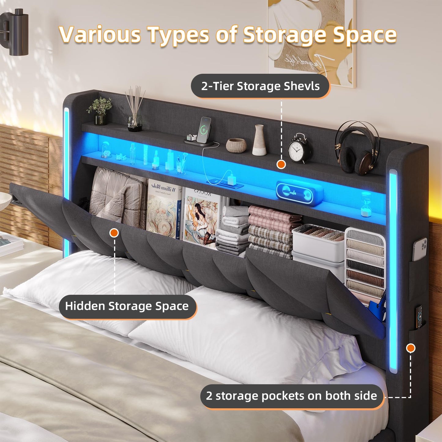 busyaeh Queen Size Bed Frame with 4 Drawers,Light up Bed Frame with Headboard and Storage, Metal Queen Platform Storage Queen Bed with Charging Station, No Box Springs Needed, Easy Assembly,Dark Gray