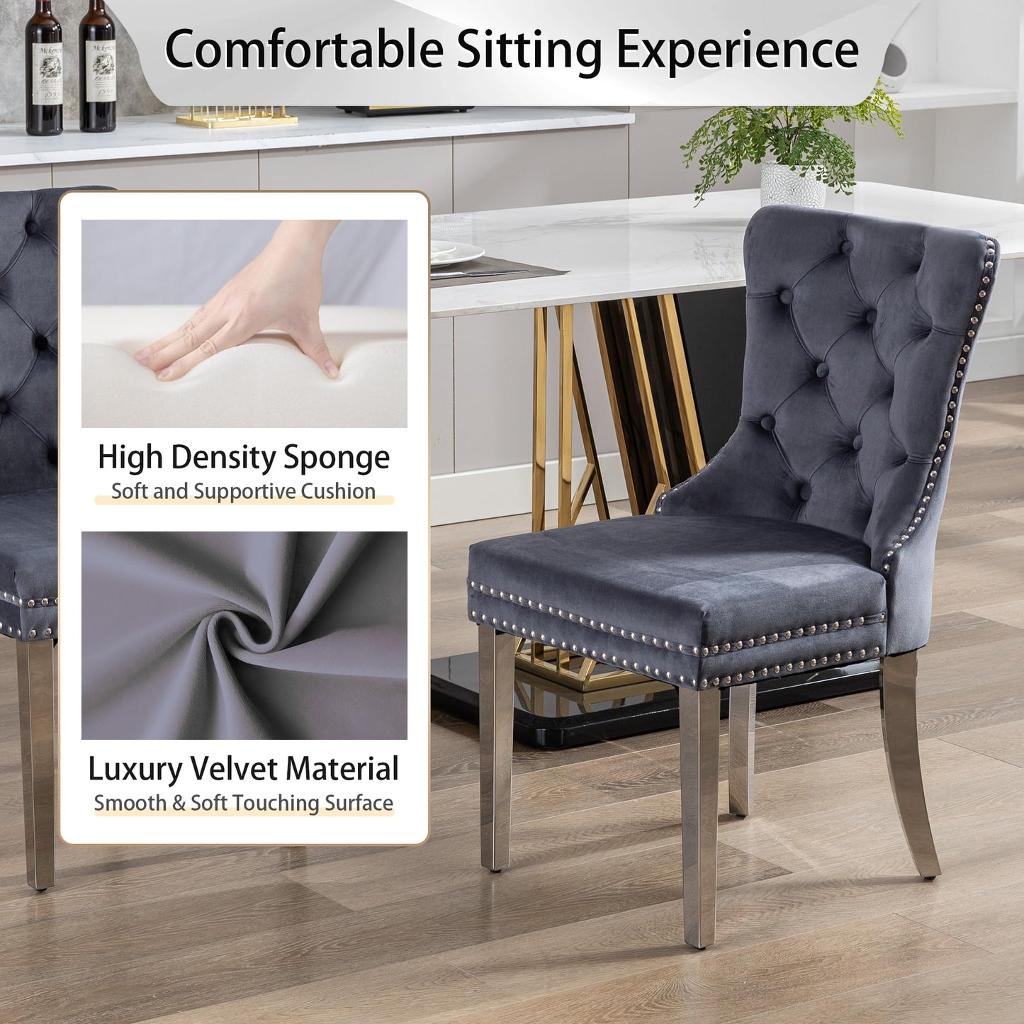 GOOLON Dining Room Chairs Set of 2, Tufted Velvet Chairs with Modern Stainless Steel Legs, Rivet Trim Metal Pull Ring Large Back for Kitchen Dining Room Restaurant, Dark Gray