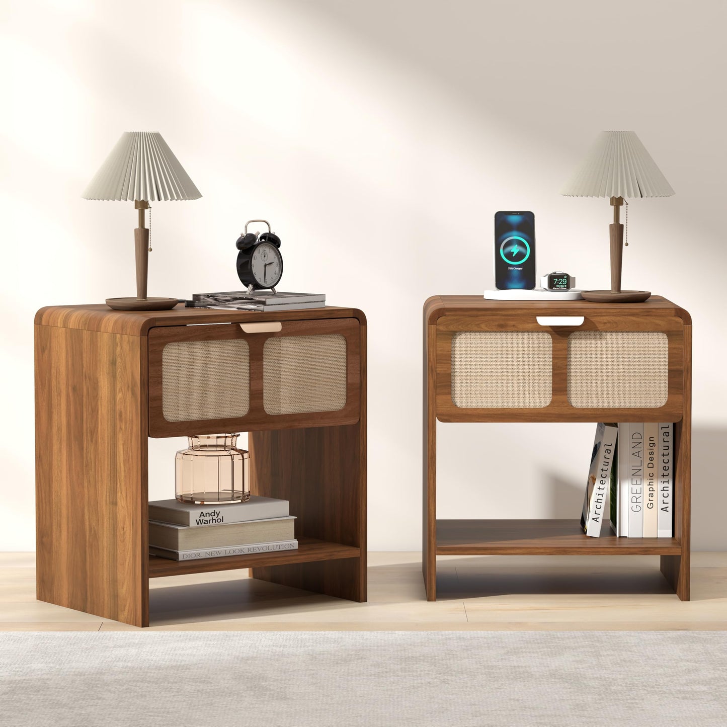 LEVNARY Nightstand Set of 2, Mid-Century Modern Bedside Table with Charging Station and Fabric-Like Textured Drawer, Wooden End Table for Farmhouse Bedroom Living Room (2, Walnut)