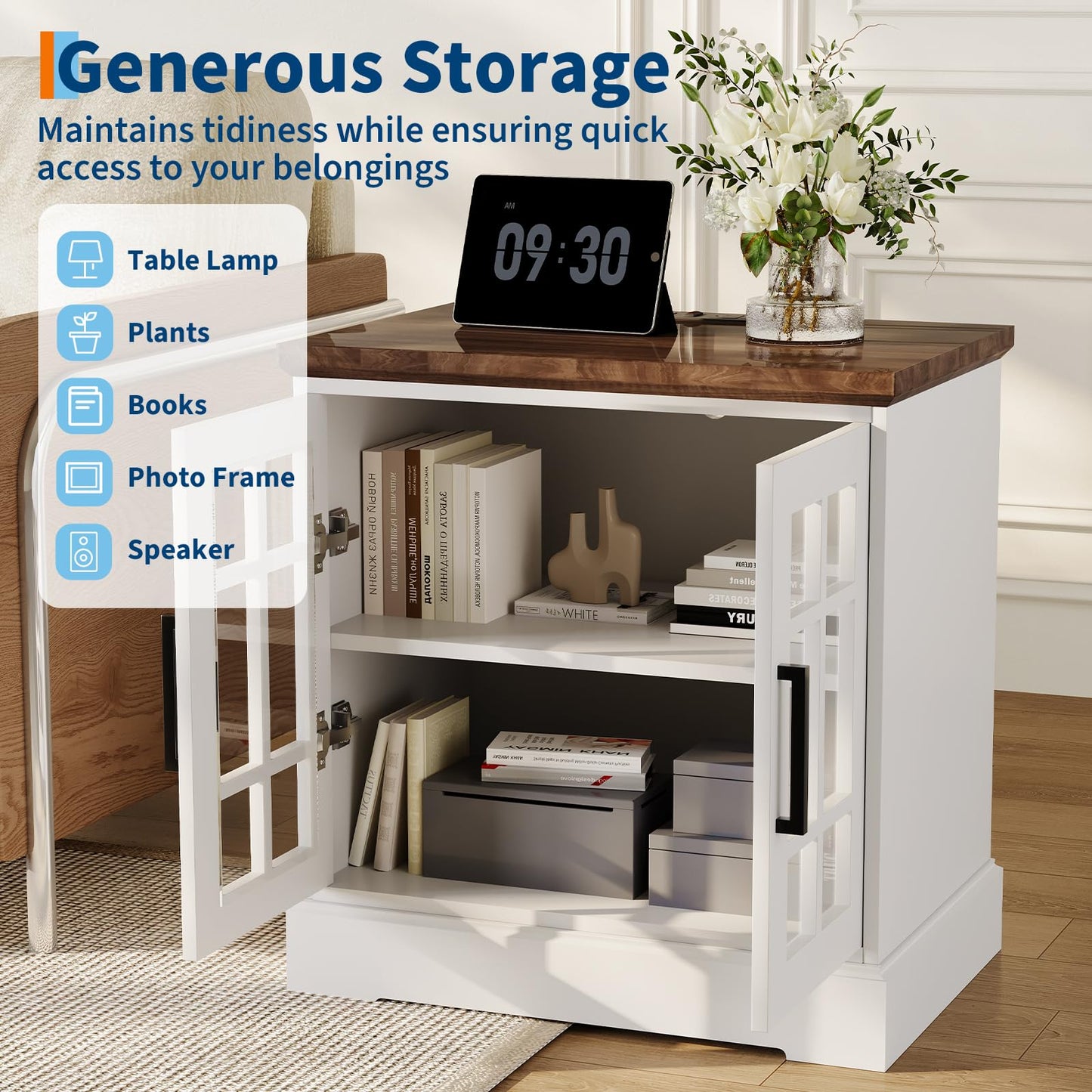 GarveeHome 24inch Farmhouse End Table, Rustic Square Nightstand Sofa Side Table with Charging Station Adjustable Storage Shelf for Living Room Bedroom, White