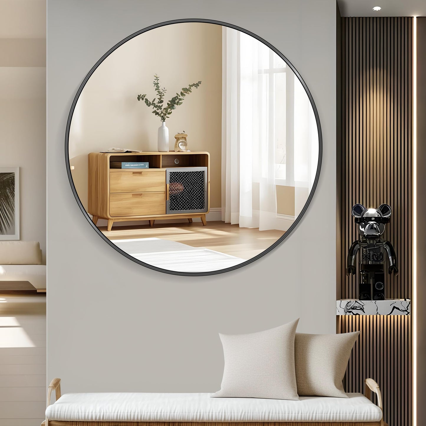 Koonmi 42" Black Circle Mirror Wall Mounted Round Mirror with Metal Frame for Bathroom/Living Room/Vanity/Bedroom