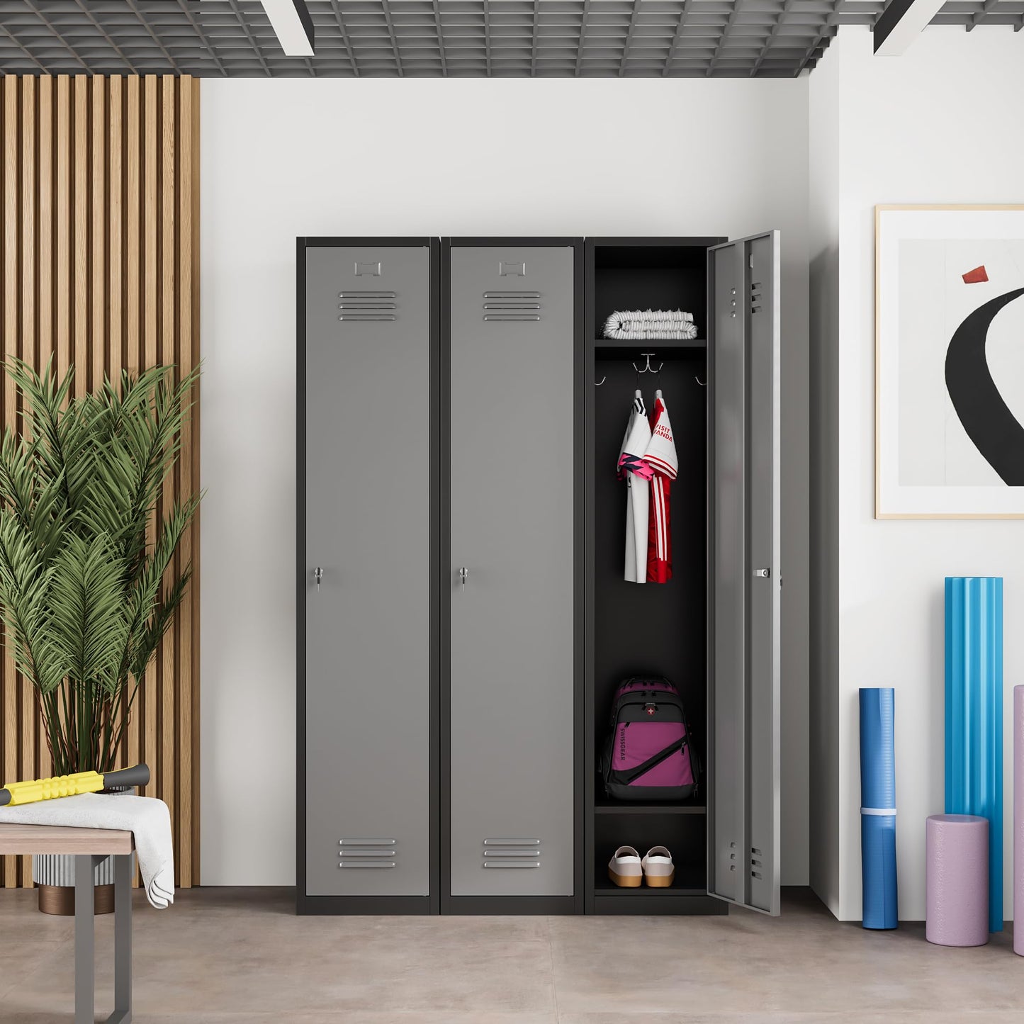 Topass Metal Lockers for Employees with Keys, 71" Tall Steel Storage Cabinet with Lockable Door, Metal Storage Locker for School Office Gym (1-Door, Black&Grey)