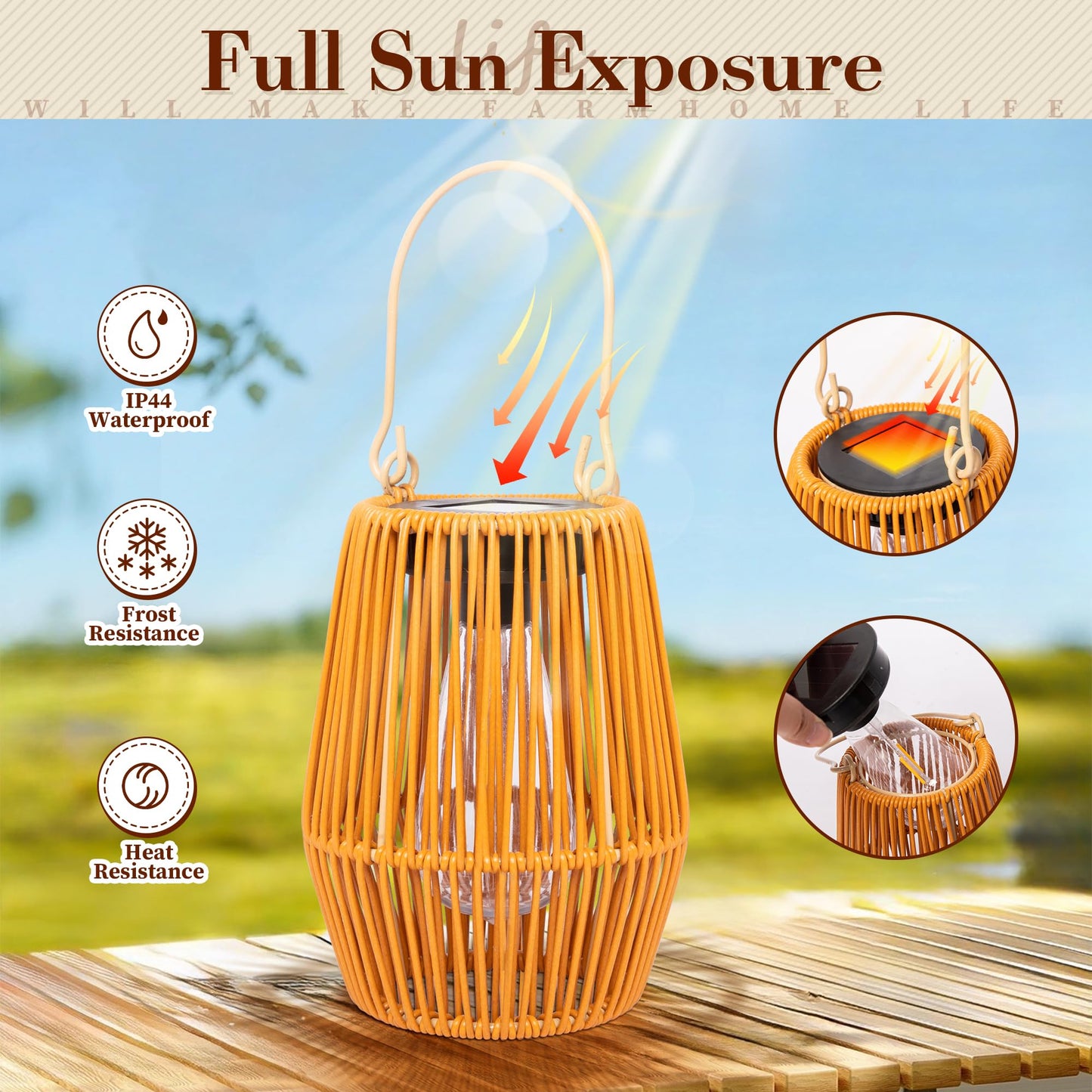 HPC Decor 2 Pack Solar Lanterns, Outdoor Waterproof Lights, Rattan, Hanging Outdoor, Lamp for Garden, Yard, Patio, Porch, Trees, Lawn, Pathway.
