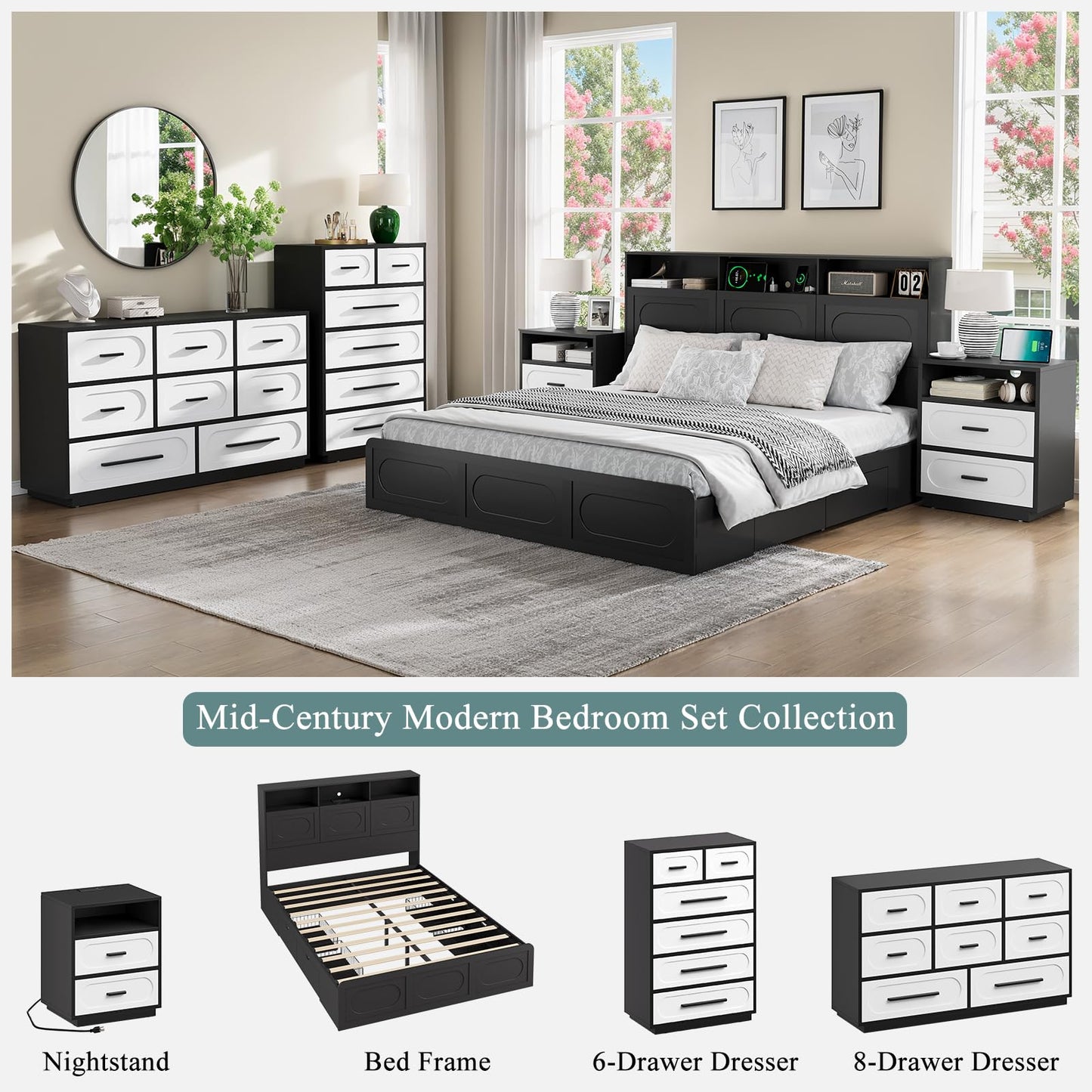 Modern Black Queen Size Bed Frame with 4 Storage Drawers, 48" Tall Storage Headboard with Charging Station, Platform Bed with LED Lights, No Box Spring Needed, Easy Assembly