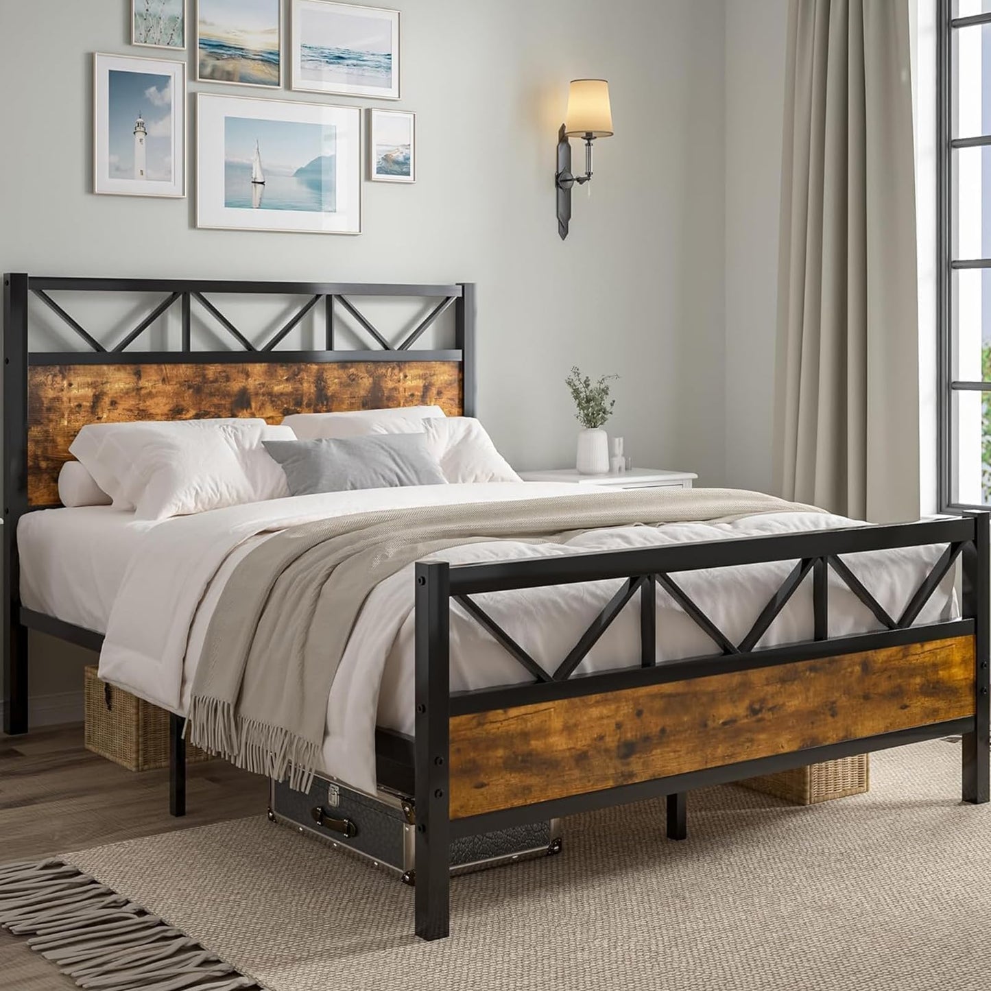 Queen Bed Frame with Headboard, Industrial 51.2" Tall Headboard, Queen Platform Bed Frame with Heavy Duty Metal Slats Support, No Box Spring Needed, Noise-Free, Easy Assembly, Rustic Brown