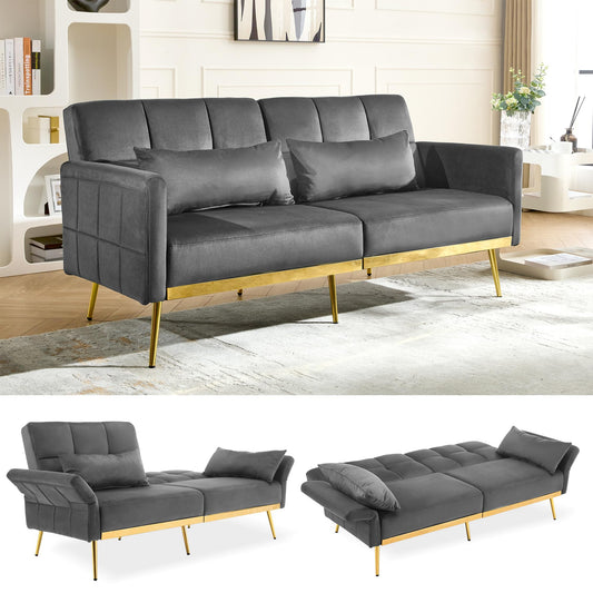 DIFY 70'' Velvet Futon Sofa Bed, Convertible Sleeper Sofa Tufted Couch with Adjustable Armrests and Backrest, Modern Loveseat Sleeper Bed with 2 Bolster Pillows for Living Room, Grey