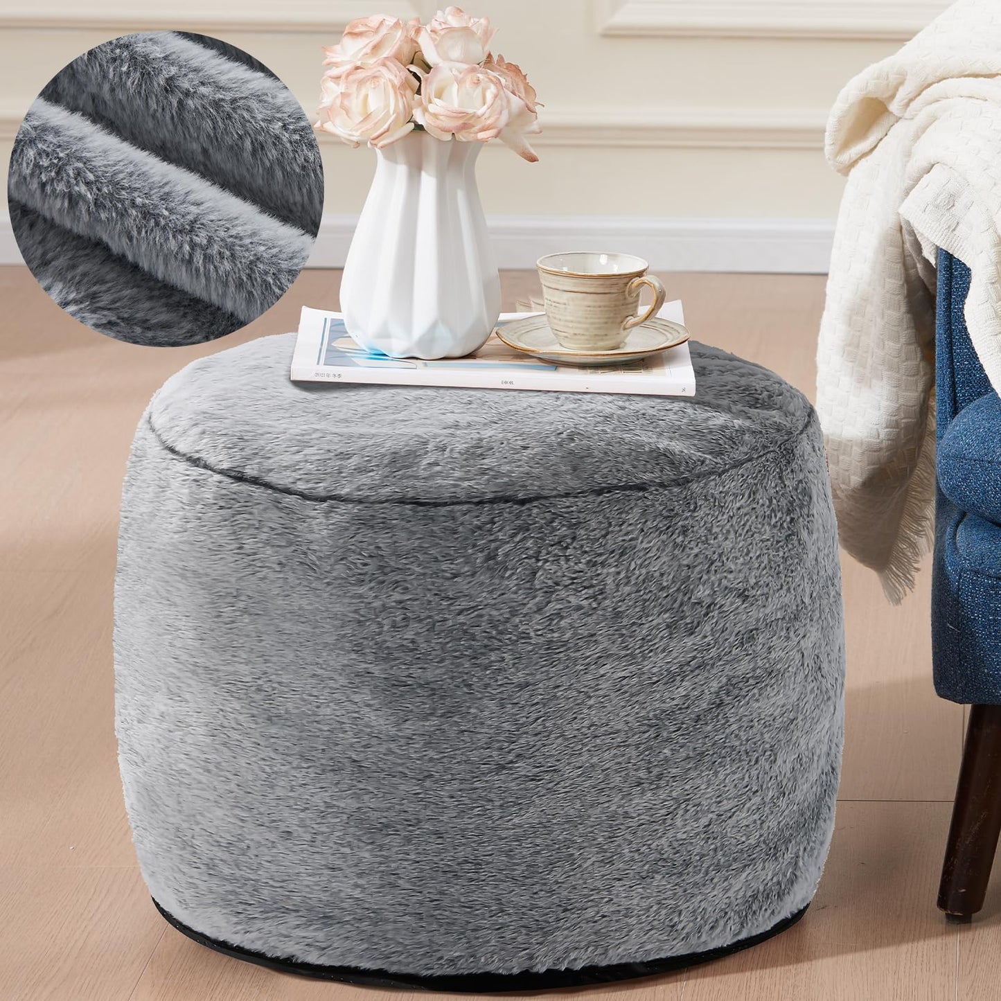 Round Ottoman Foot Rest for Couch 20"x15" Foot Stool Ottoman Pouf with Foam Chunk Filling Small Ottomans Foot Stools Poufs for Living Room Dark Grey Poof Hassocks and Ottomans Soft Foot Rest for Chair